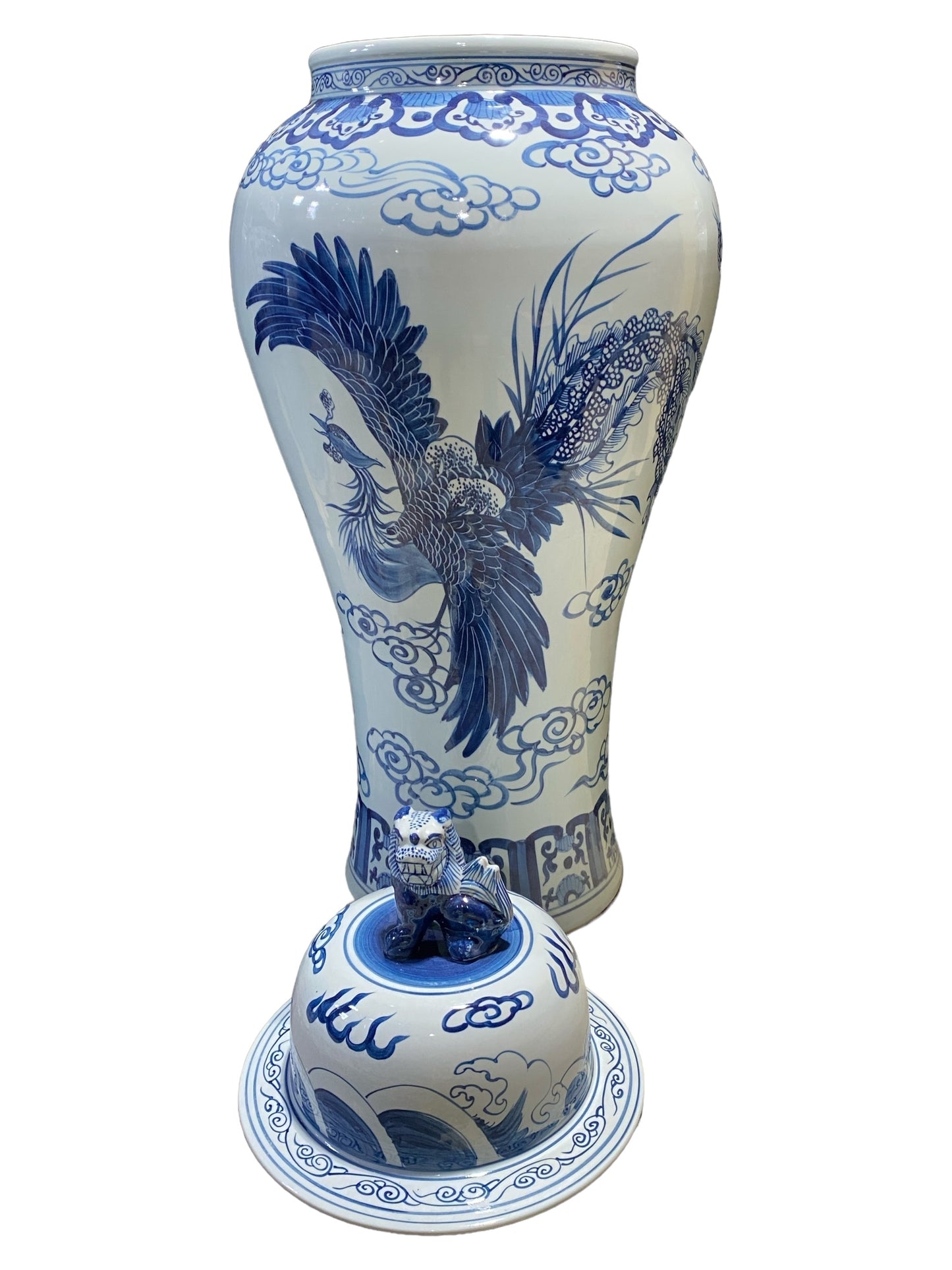 #7205  Mansion Size Chinoiserie Ginger Peacocks Jar 44" H