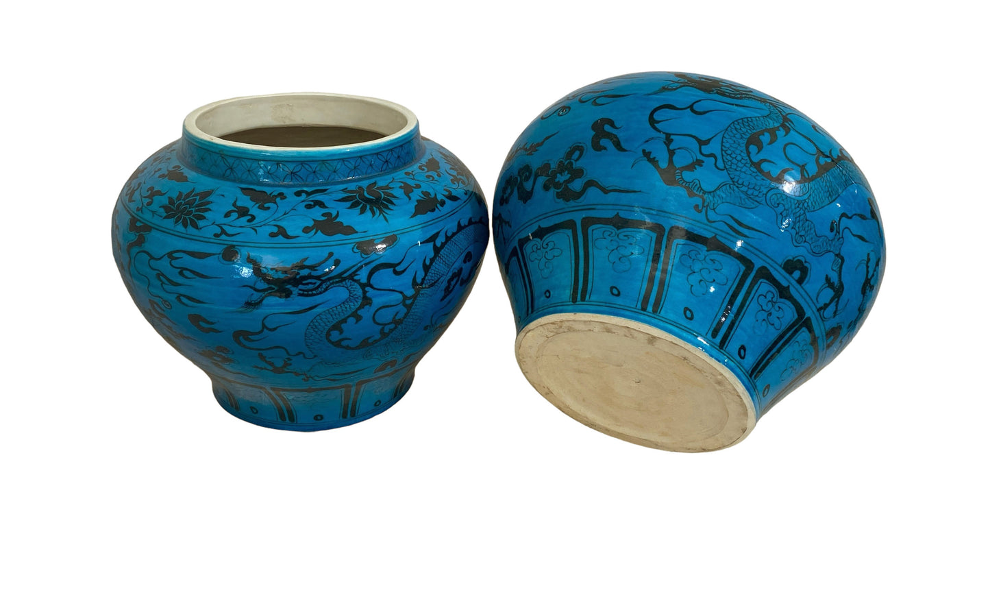 #4819 /6163 Chinese Turquoise Yuan Style  Vases/Cachepots W / Flying Dragons  11" H Set of two