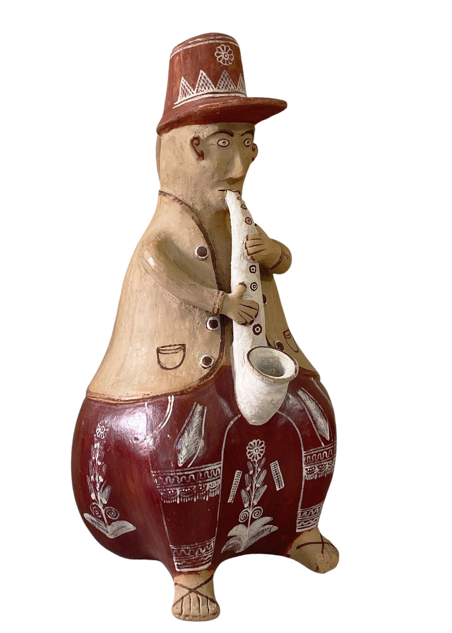 #6237 Peruvian Folk Art Clay Figurine Musician playing saxophone  15" H