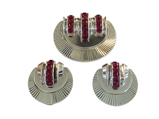 #6297 Vintage CIRO Art Deco Style Silver Tone  And Ruby Rhinestone Earrings and Brooch Pin