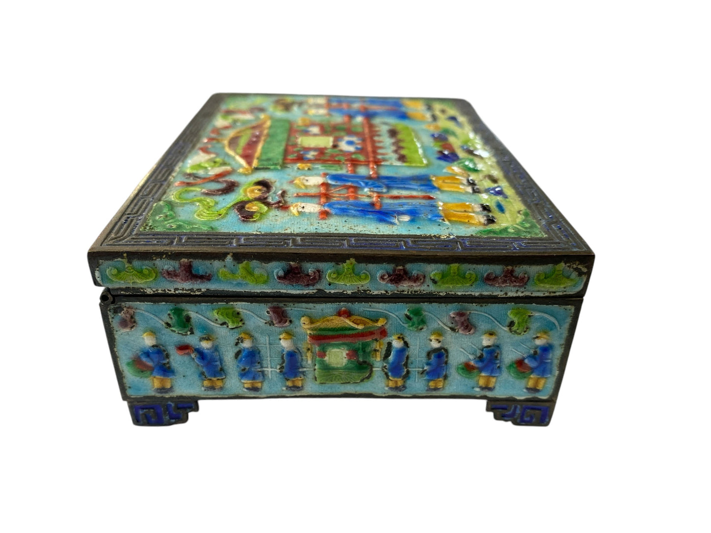 #6317 Antique Chinese Export Enamel  Box W/ Imperial Carriage & Figures