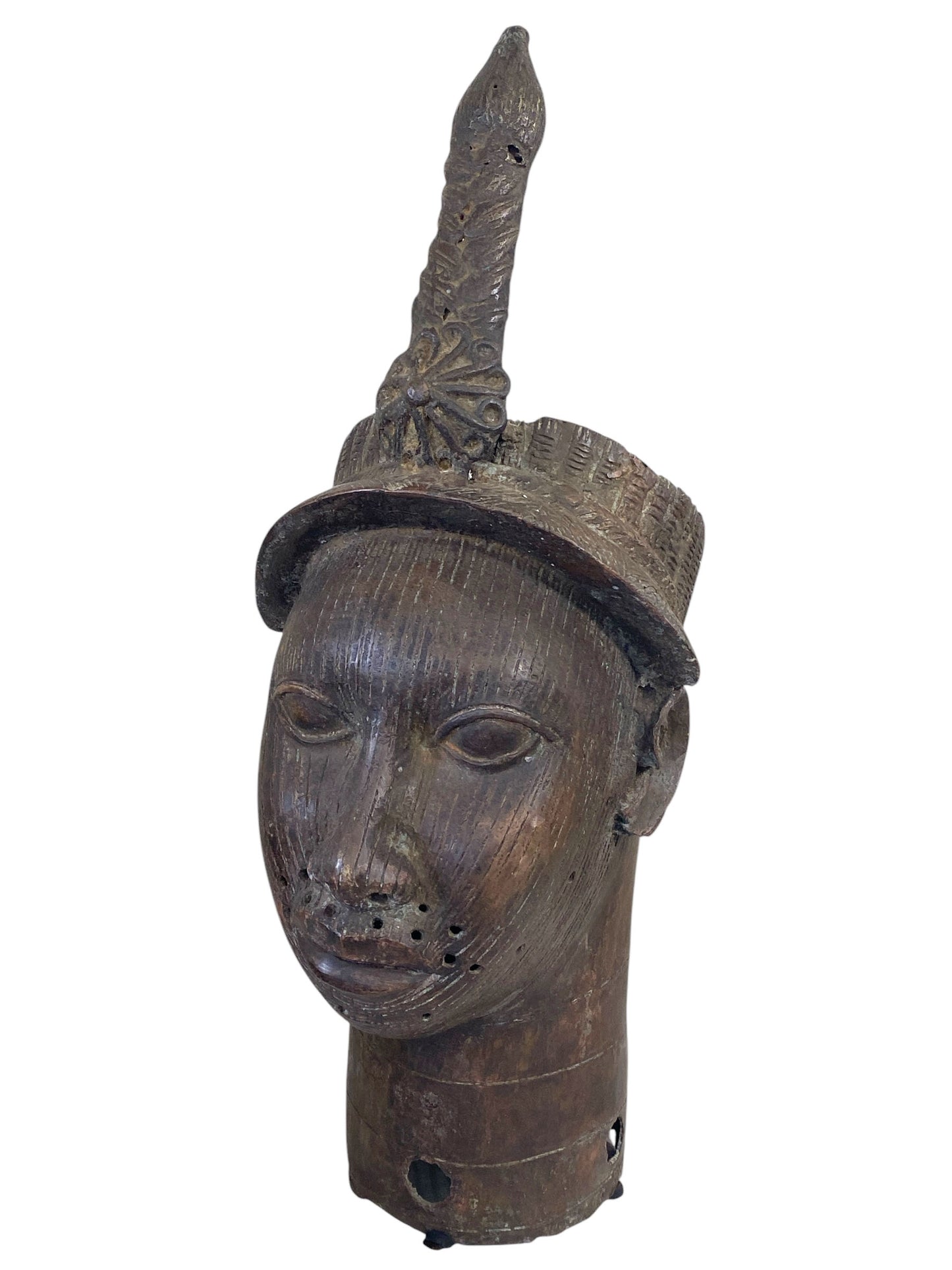 # 969 Superb Lg Benin Bronze Head of Oba Nigeria African 21.5" H