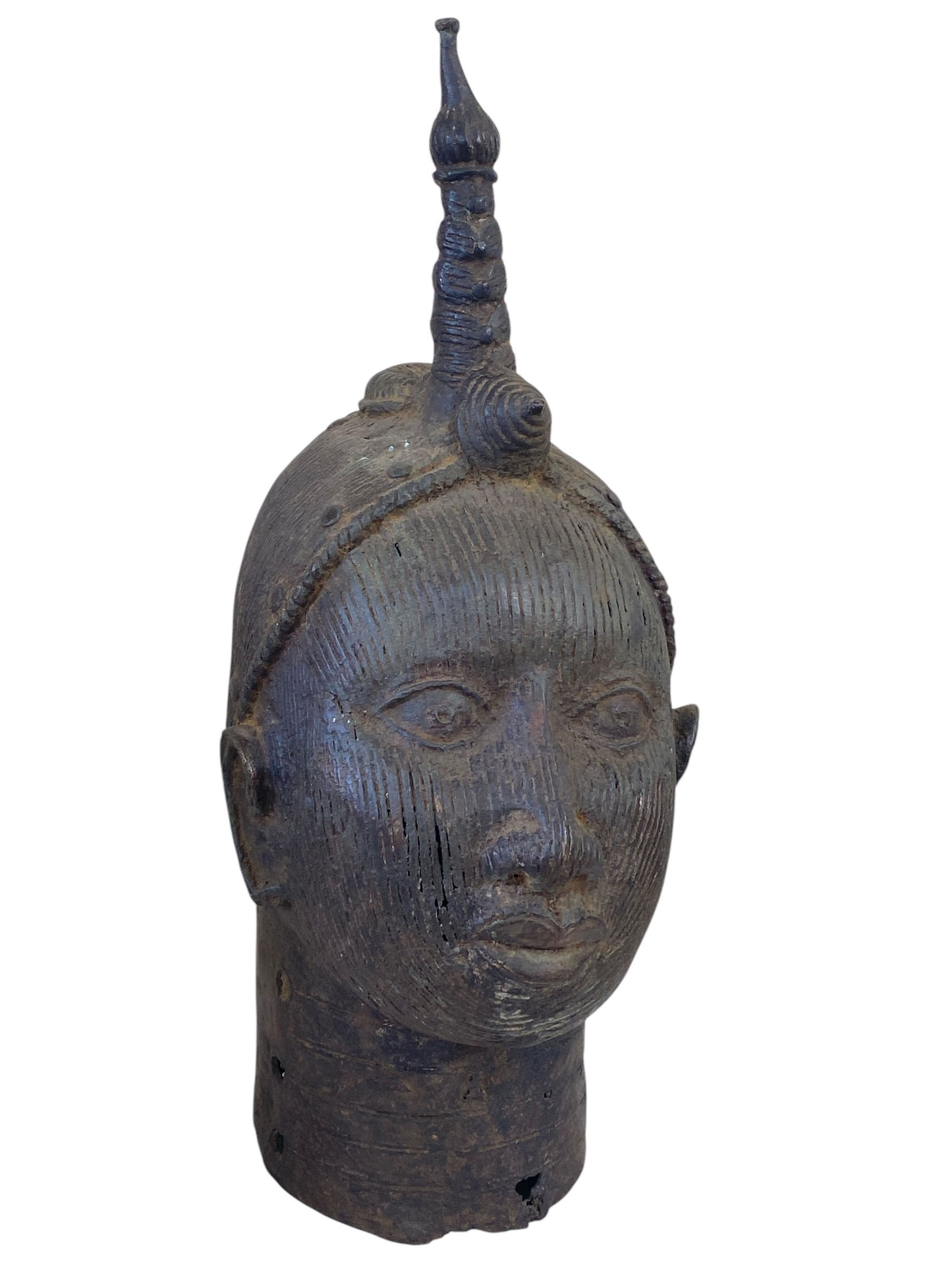 #4183 Superb Old LG  Benin Bronze  Head  of the Queen Mother Iyobas Nigeria African 17" H