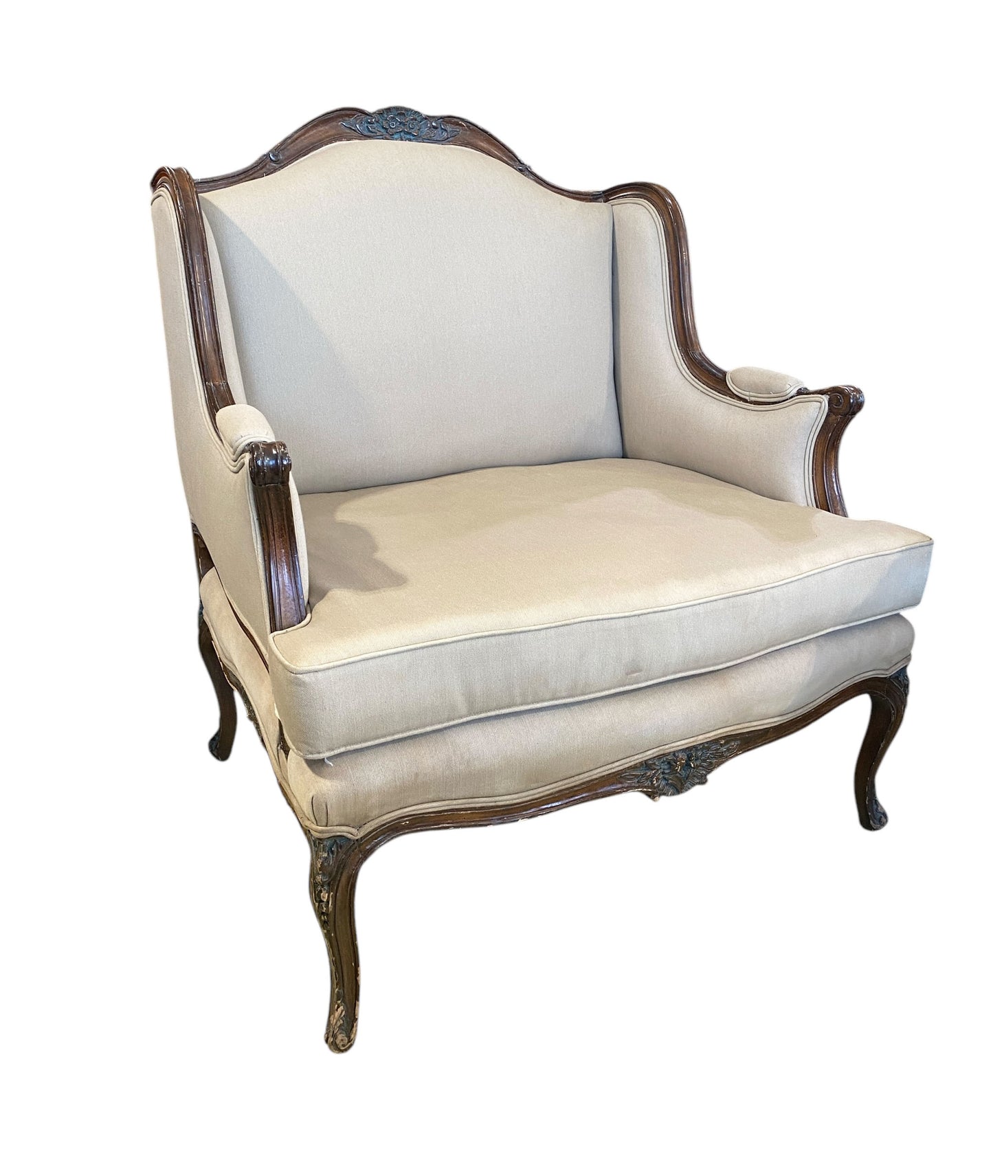 #6607 Vintage French Country Louis XV Style Carved Walnut  Bergere Lounge Chair
