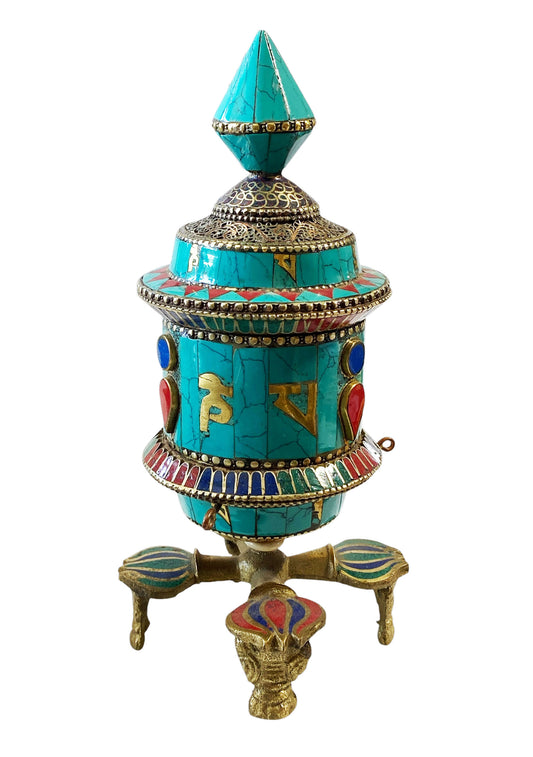 #1379 Nepalese Brass W/ Turquoise/Coral/Lapis Stones Table Top Prayer Wheel