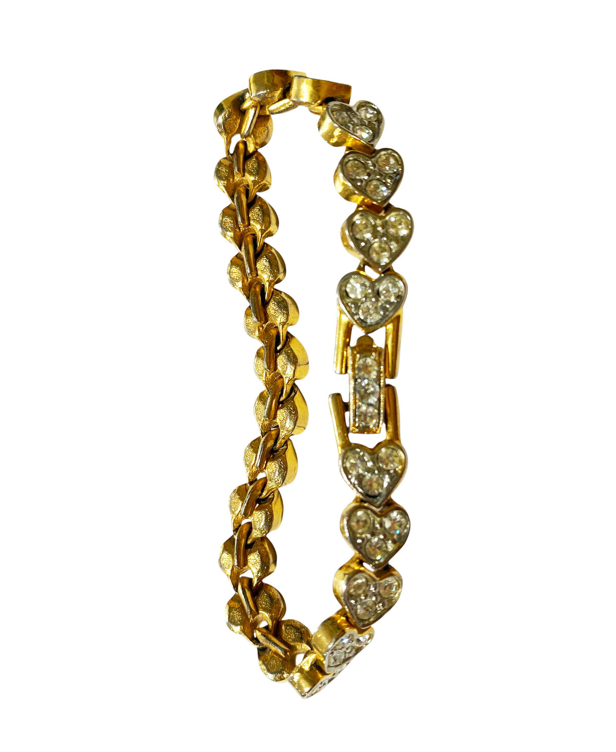 #68 Vintage  Faux Gold Tone  Pave Rhinestone Heart Tennis Bracelet