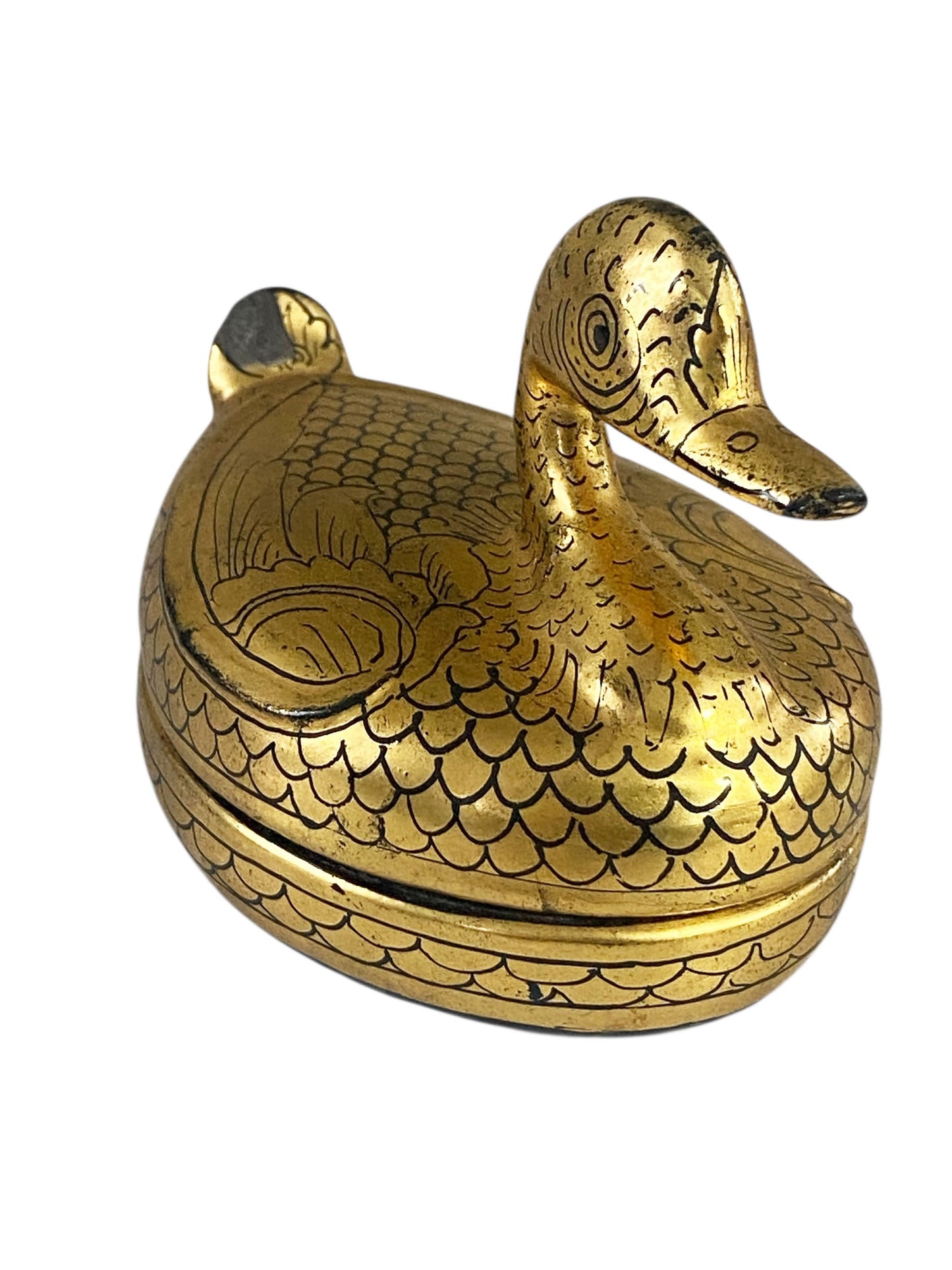 #674 Vintage Burmese Gold Painted Wood Lacquered Duck Trinket Box
