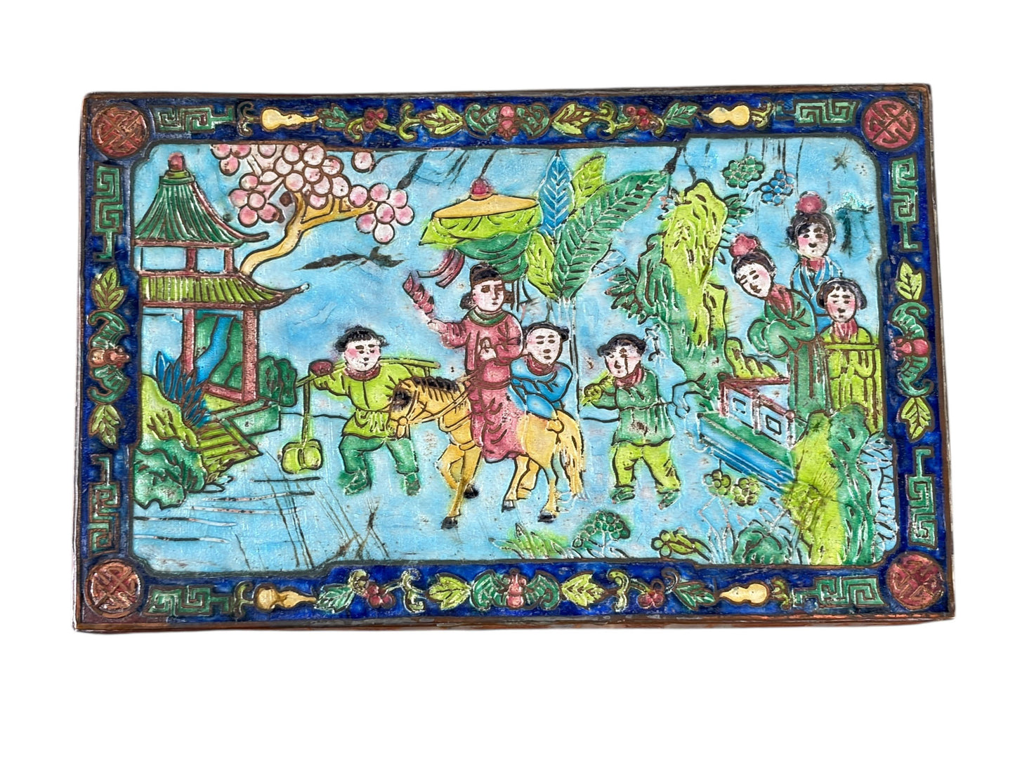 #633 Vintage Chinoiserie  Enamel Repousse on Brass Hinged Chinese Box