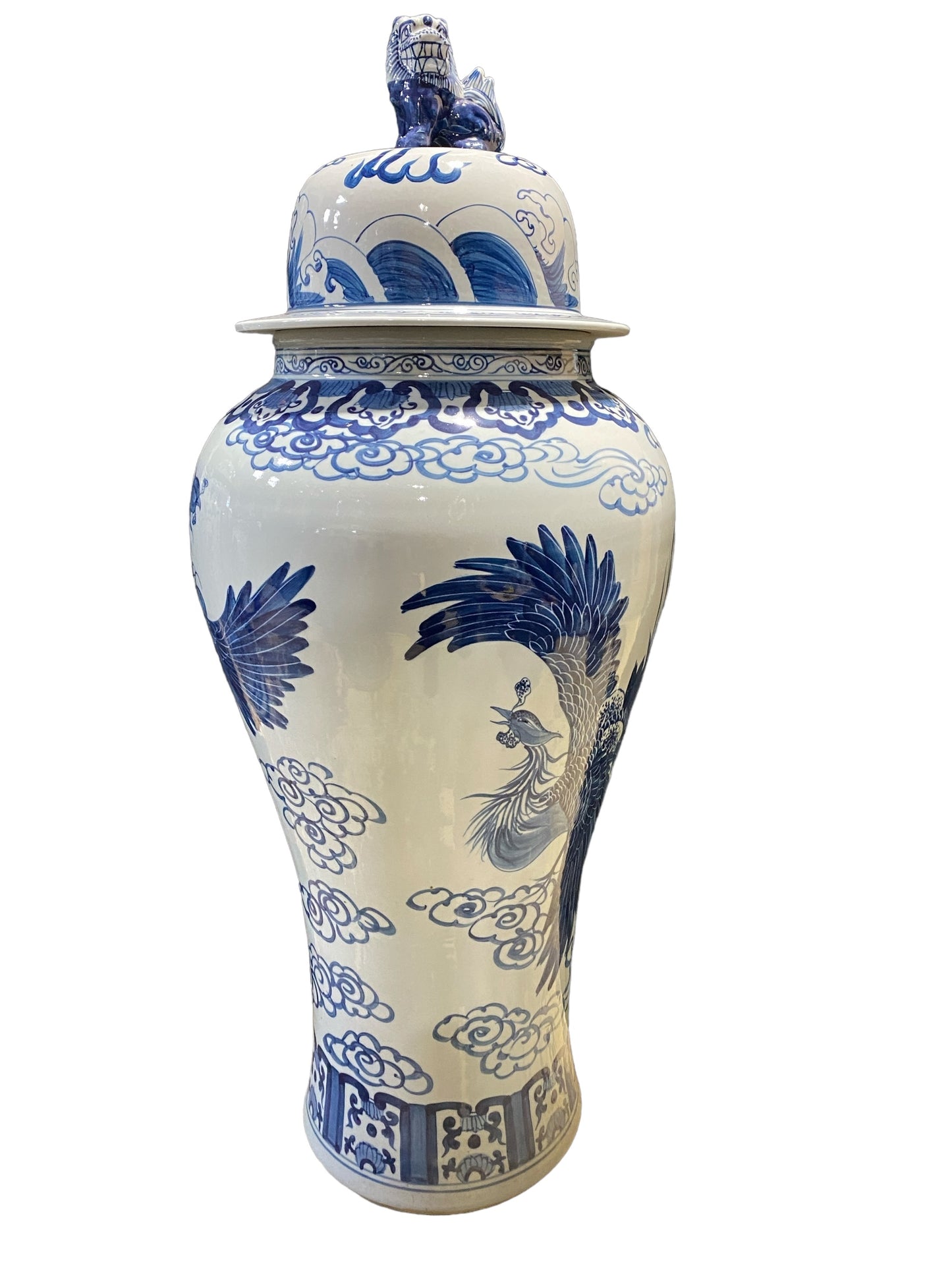 #7205  Mansion Size Chinoiserie Ginger Peacocks Jar 44" H