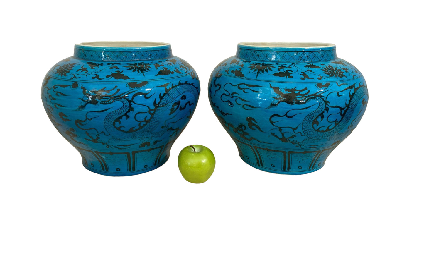 #4819 /6163 Chinese Turquoise Yuan Style  Vases/Cachepots W / Flying Dragons  11" H Set of two