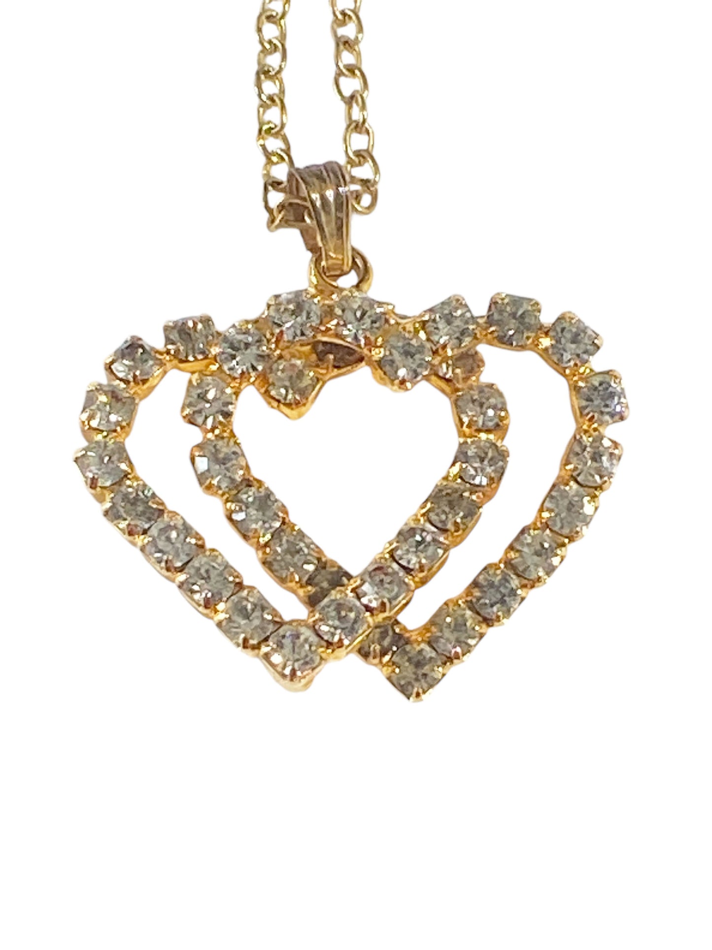 #6204  Gold Tone and Rhinestone  Interlocked Hanging Hearts Pendant Jewels By Rio