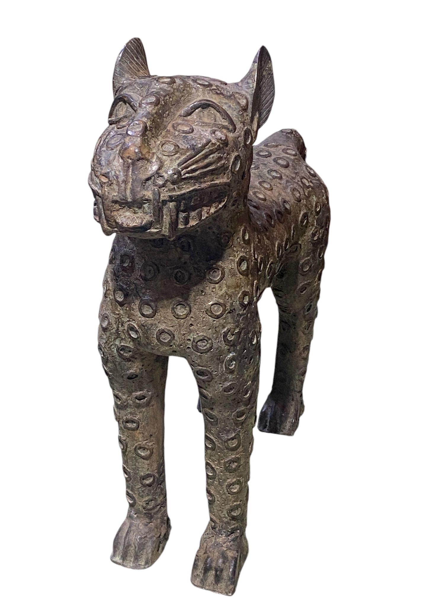 #6187 LG Benin Bronze Leopard 19" H  by 23" D Nigeria