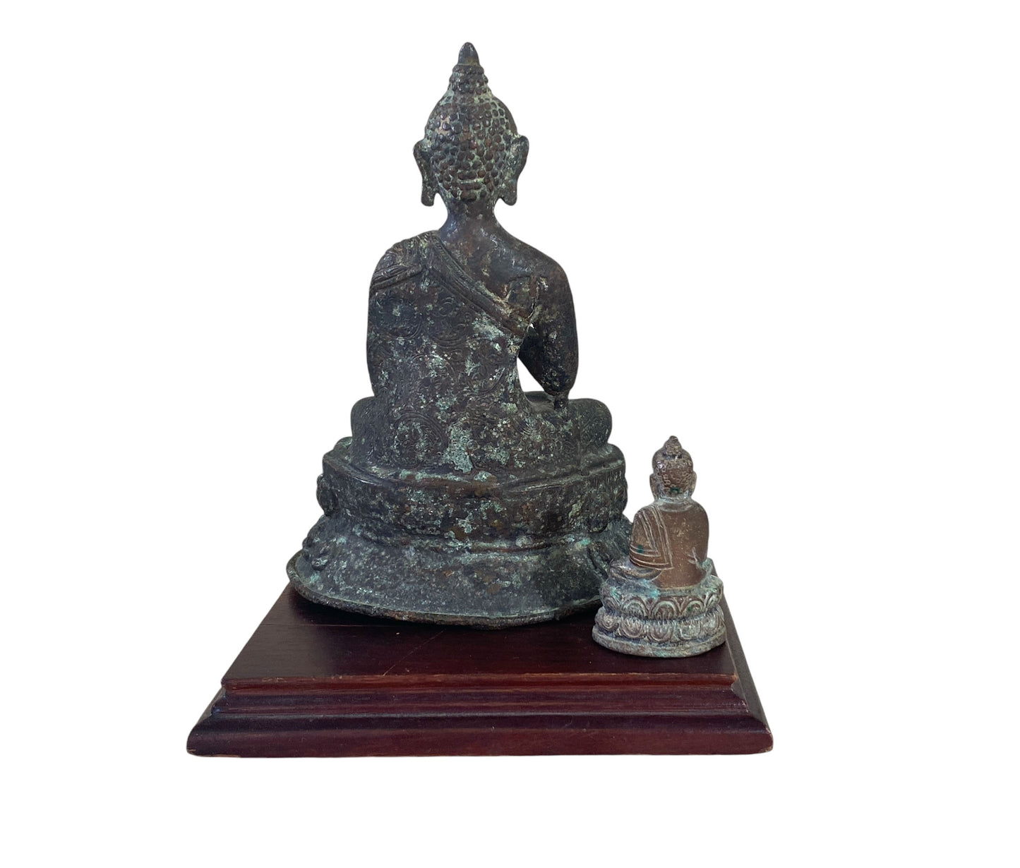 #6212 Set of Two Old Asian Bronze Buddha On Wooden Stand 6" H