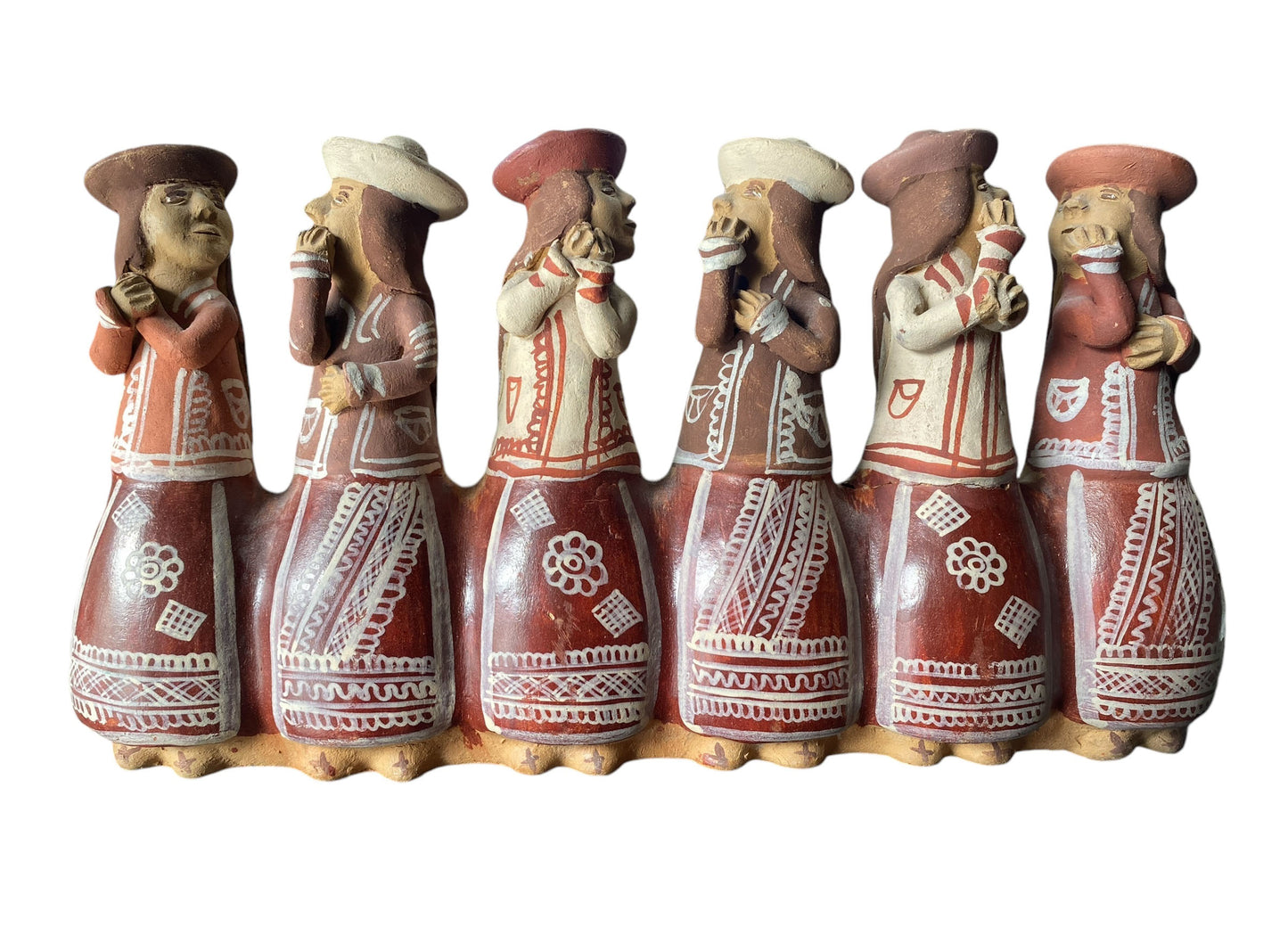 #6238  Peruvian Folk six Women Figures Whistle Terra Cotta Pottery 12" w