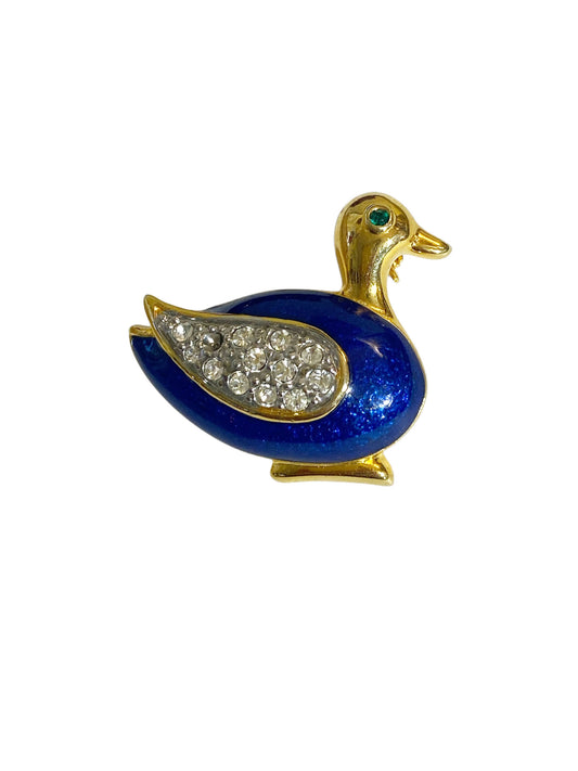 #6310 Vintage Gold Tone Blue enamel Clear Rhinestone Duck Brooch Pin