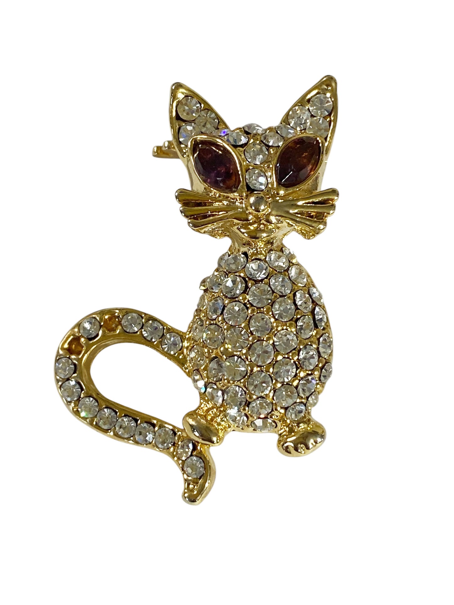 #6303 Vintage  Pave clear Rhinestone Cat Brooch Gold Toned  Costume Jewelry