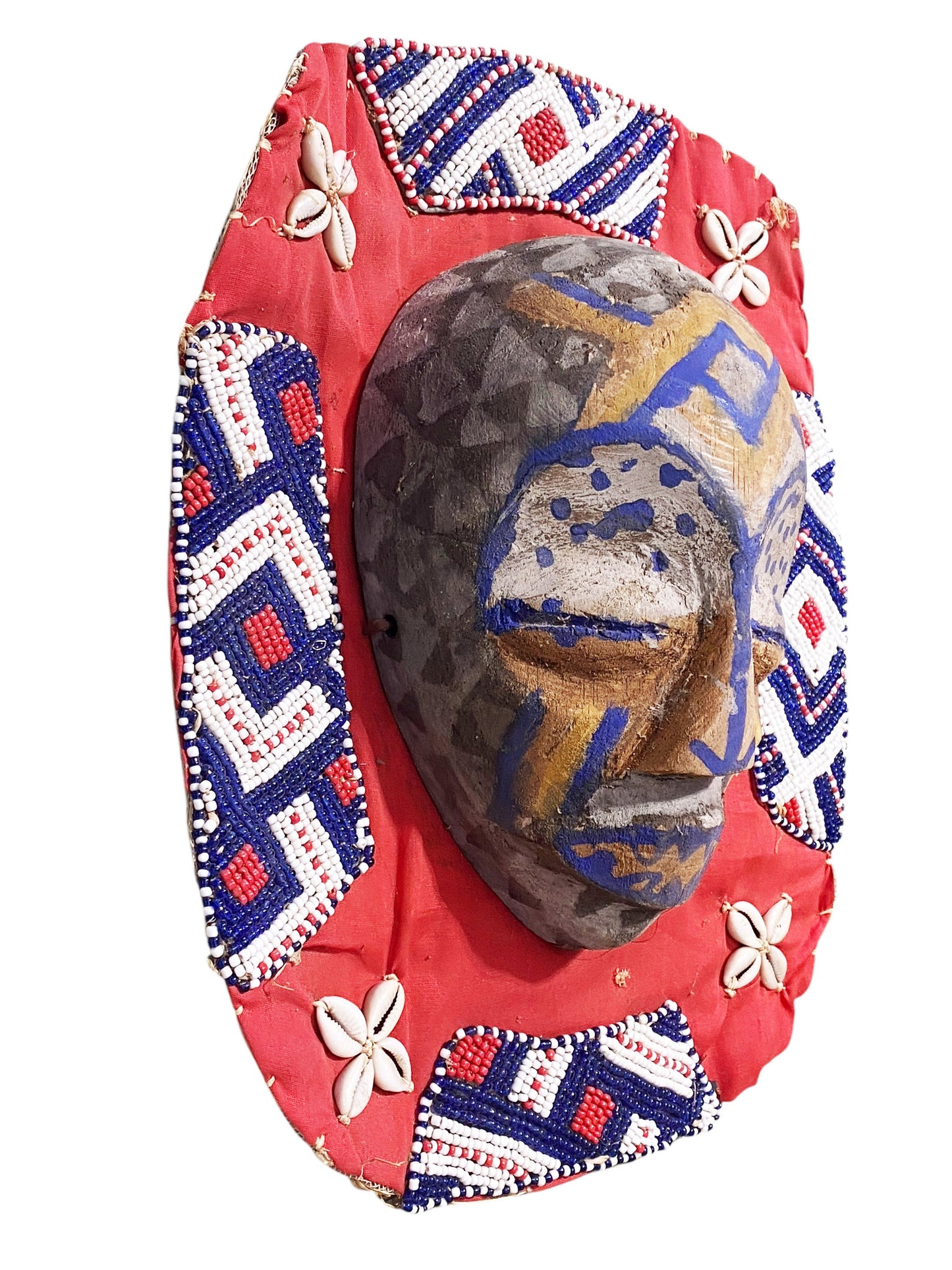 #6805 Vintage African Art Hand Carved Beaded Kuba  Mask 14" H