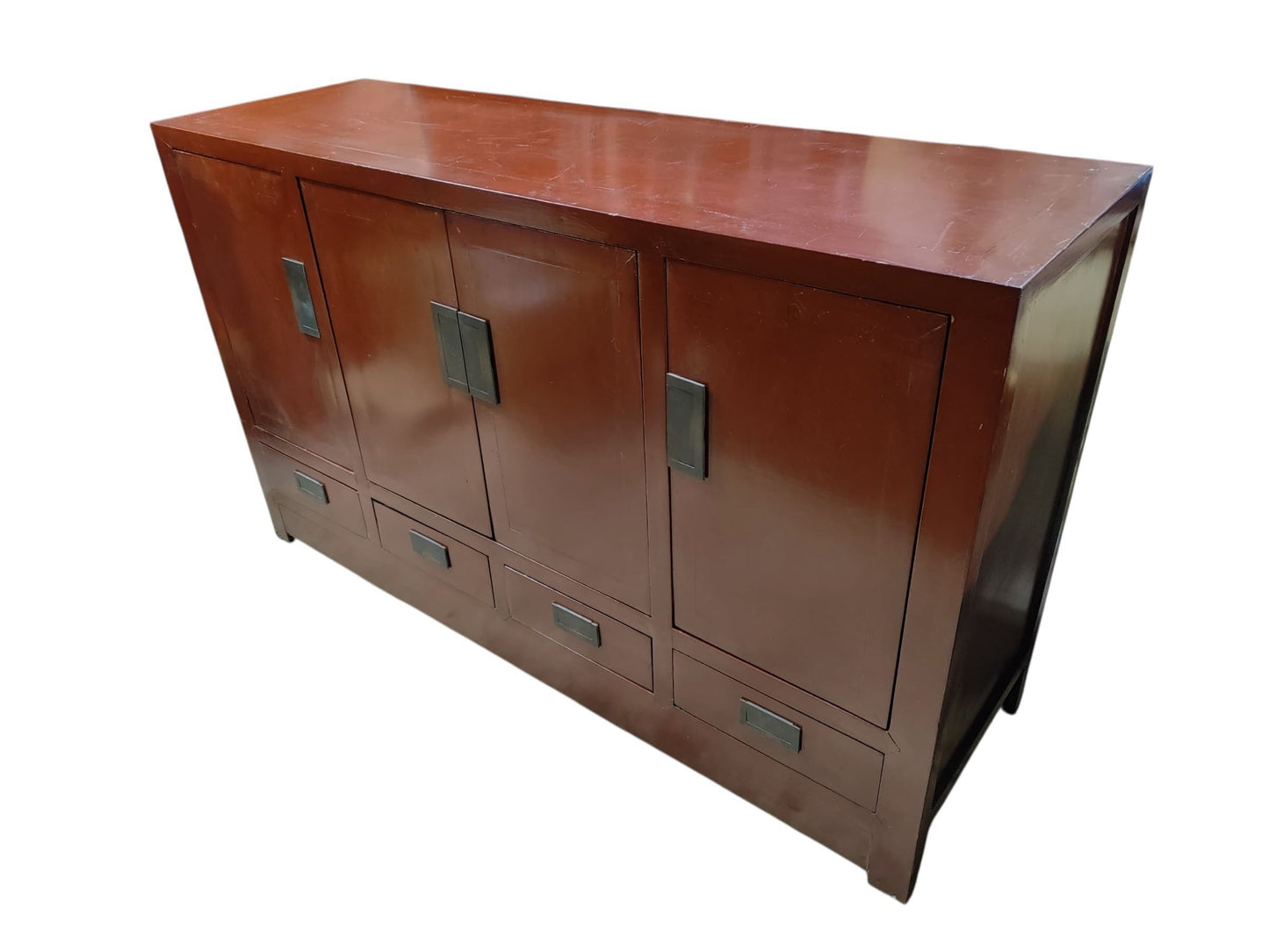 #399 Vintage Chinoiserie Dark Red Lacquer Finish  Chest 37.5" H by 63" W