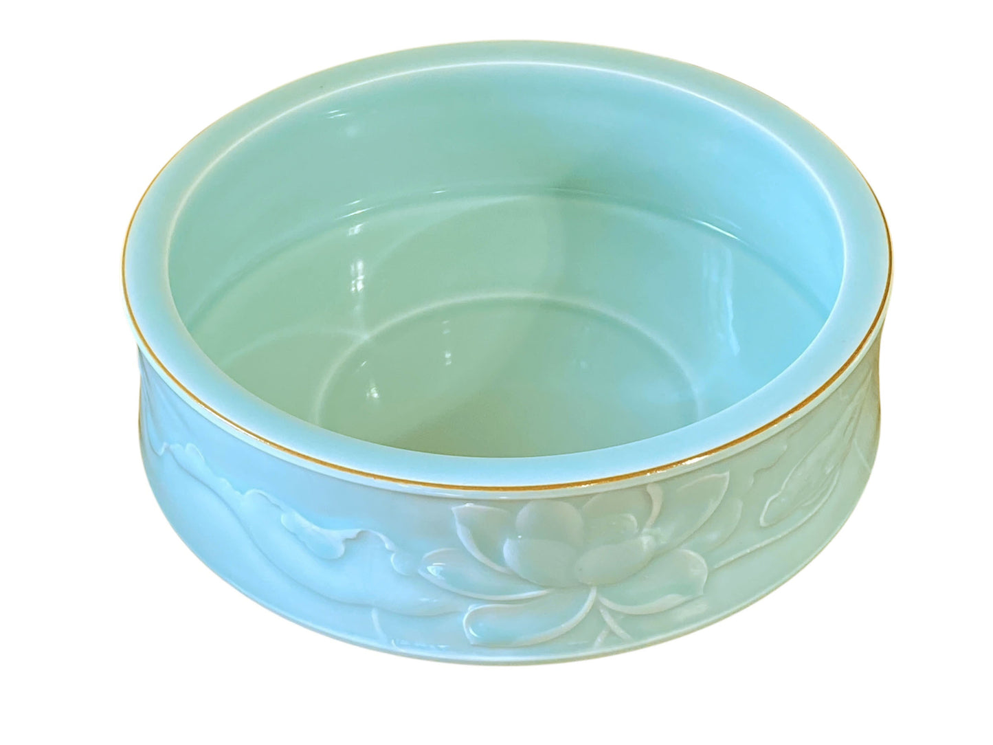 #135 Chinoiserie Hand Carved Celadon Bowl with Lotus Flower 10.25" D