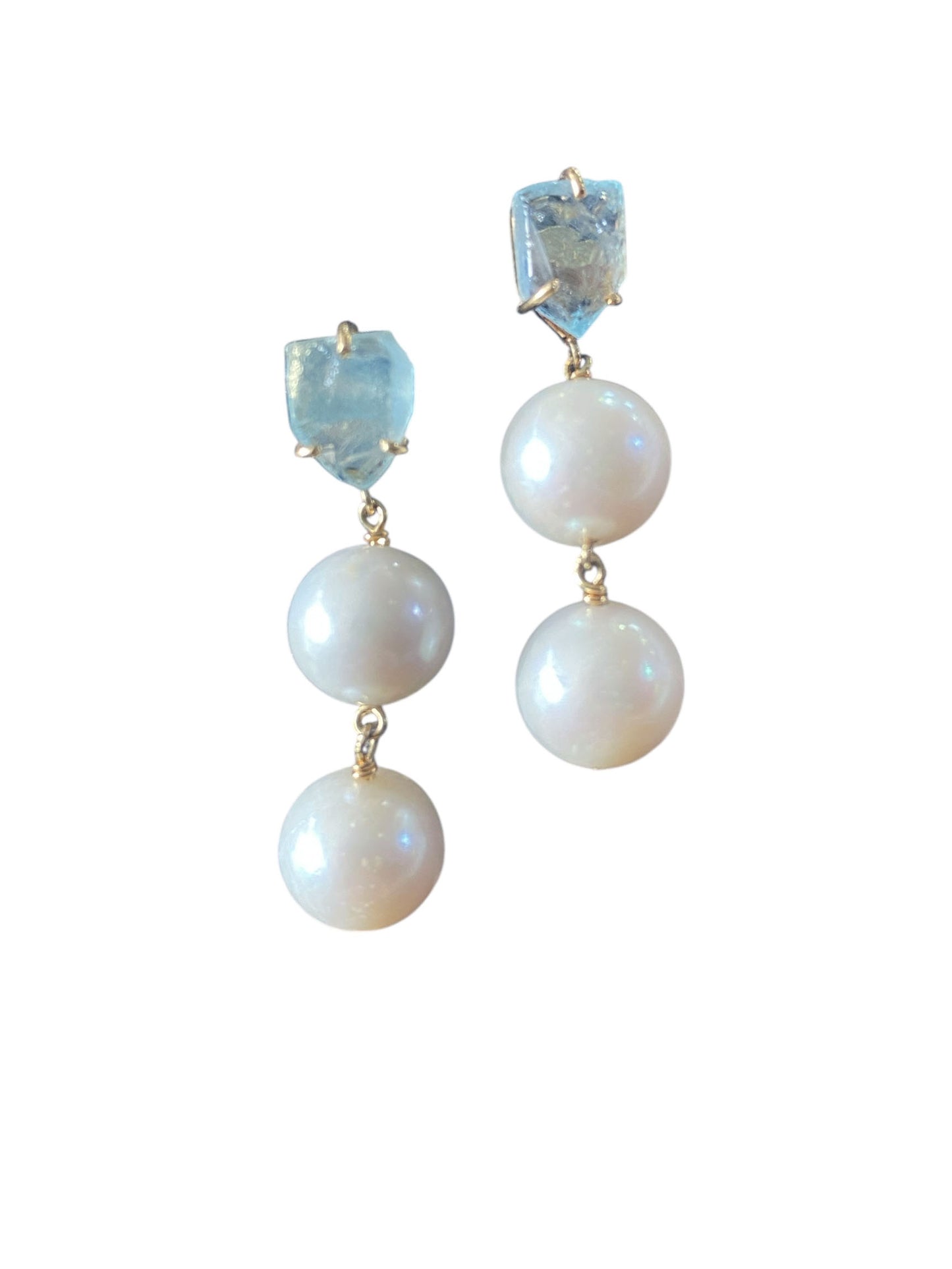#127 Cultured Freshwater Pearl 10 mm Earrings with Blue Aqua Marine 18K Yellow Gold