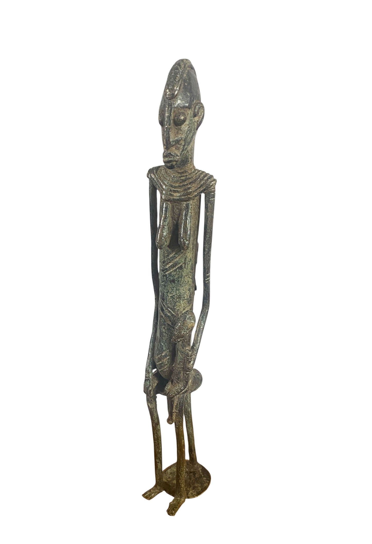 #1198 Vintage Dogon Bronze Maternity Figure Sculpture Giacometti Style Mali 13" H