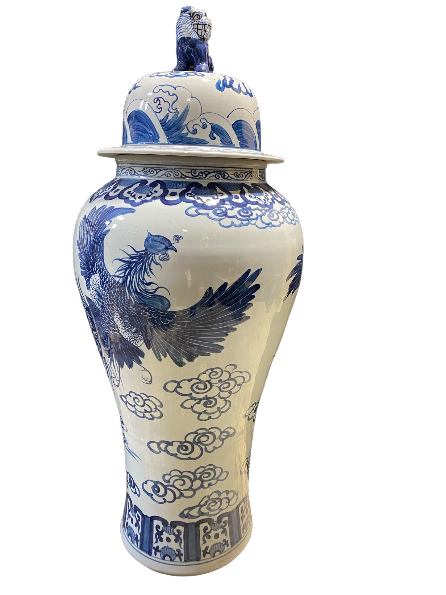 #7205  Mansion Size Chinoiserie Ginger Peacocks Jar 44" H