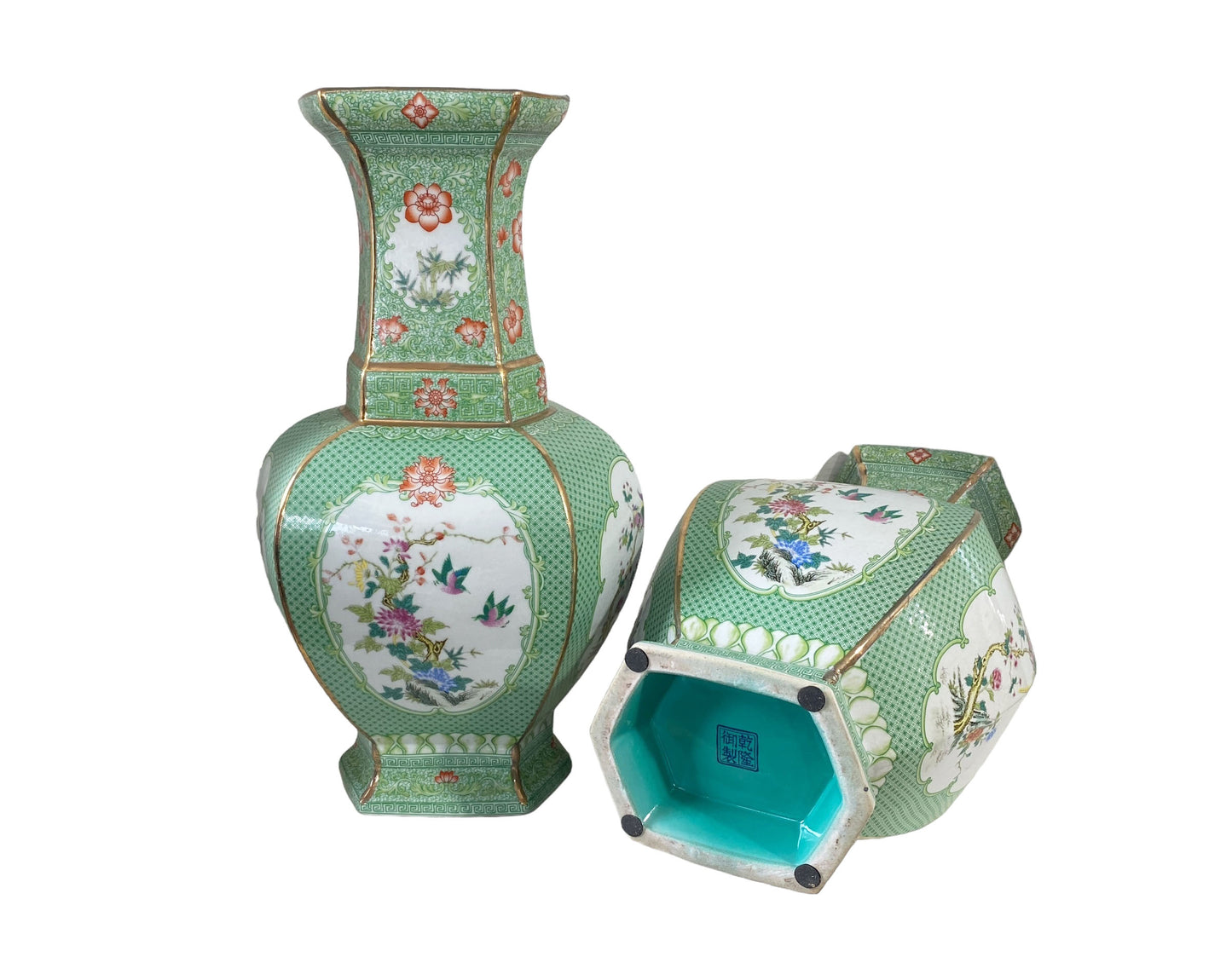 #7245 Chinoiserie Porcelain Famille Verte Style Vases 19.5" H Set Of Two