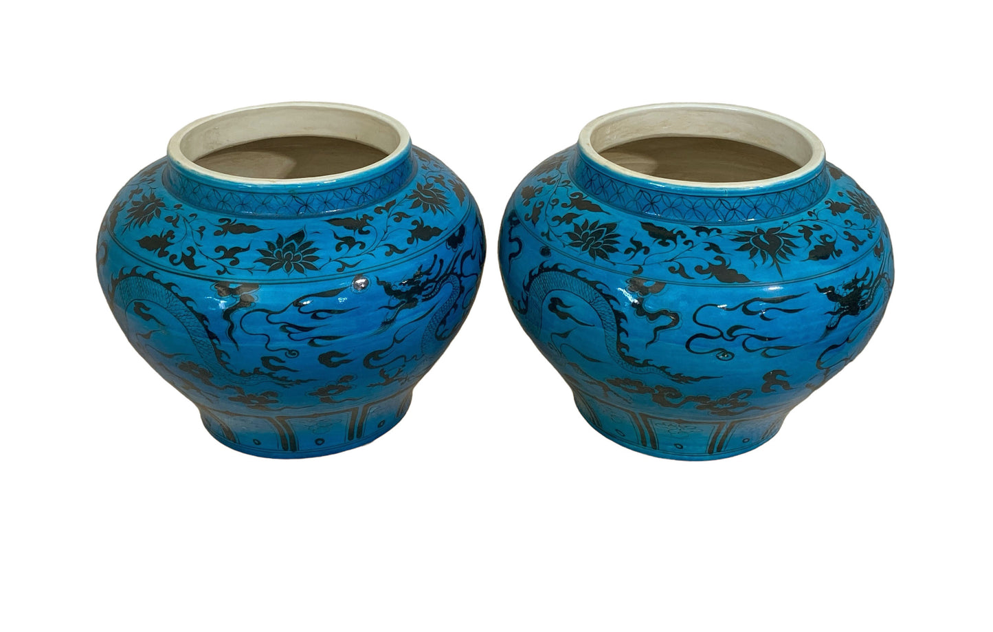 #4819 /6163 Chinese Turquoise Yuan Style  Vases/Cachepots W / Flying Dragons  11" H Set of two