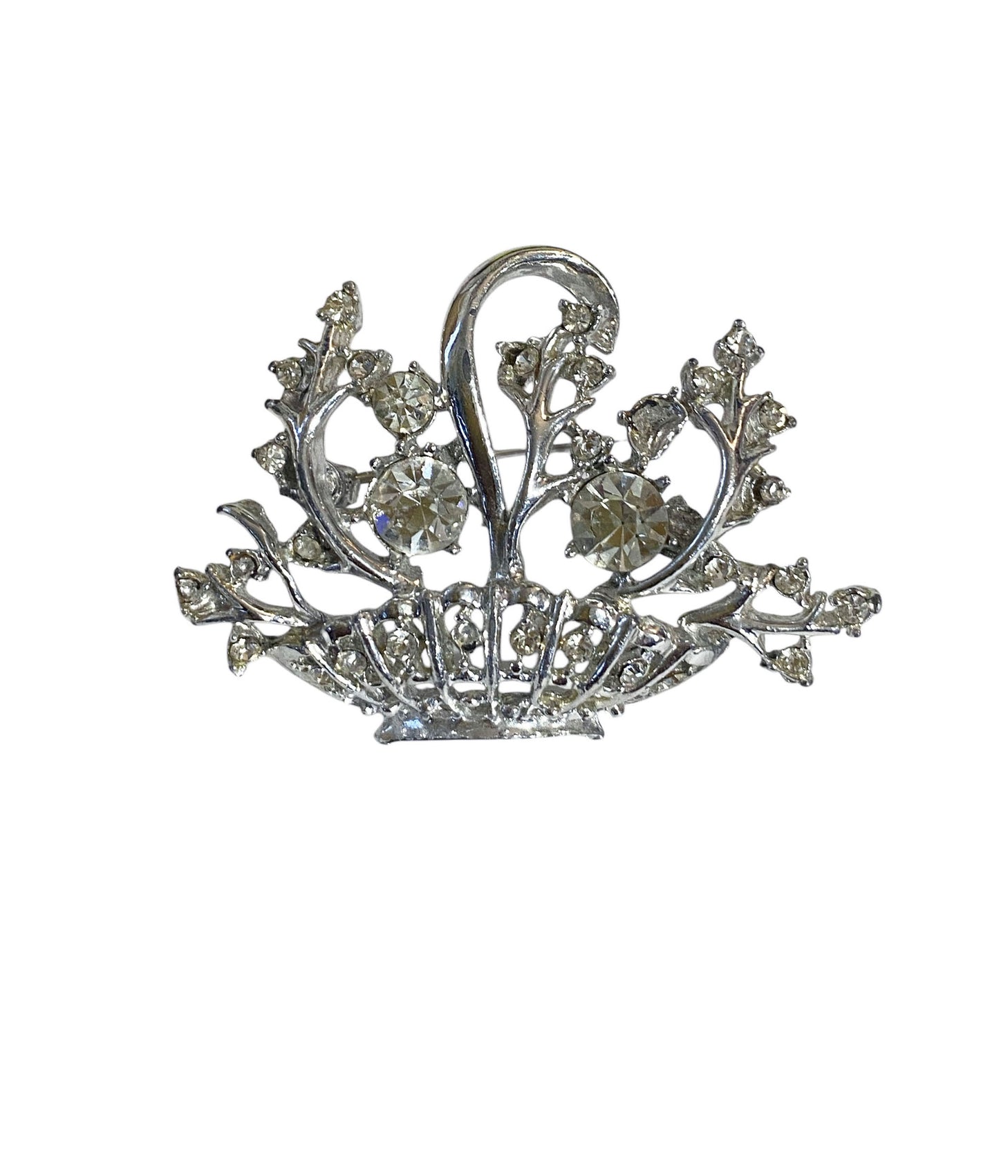 #6307 Vintage Clear Rhinestones Silver Tone Flower Basket Brooch