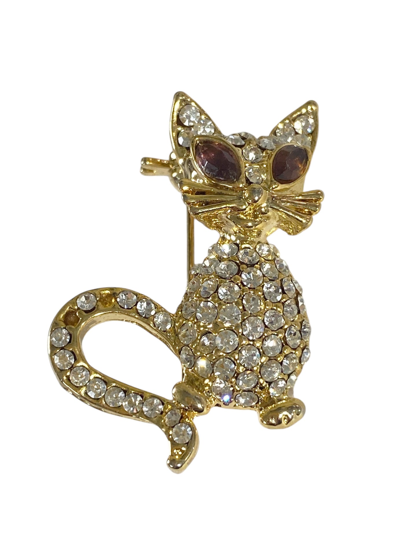 #6303 Vintage  Pave clear Rhinestone Cat Brooch Gold Toned  Costume Jewelry