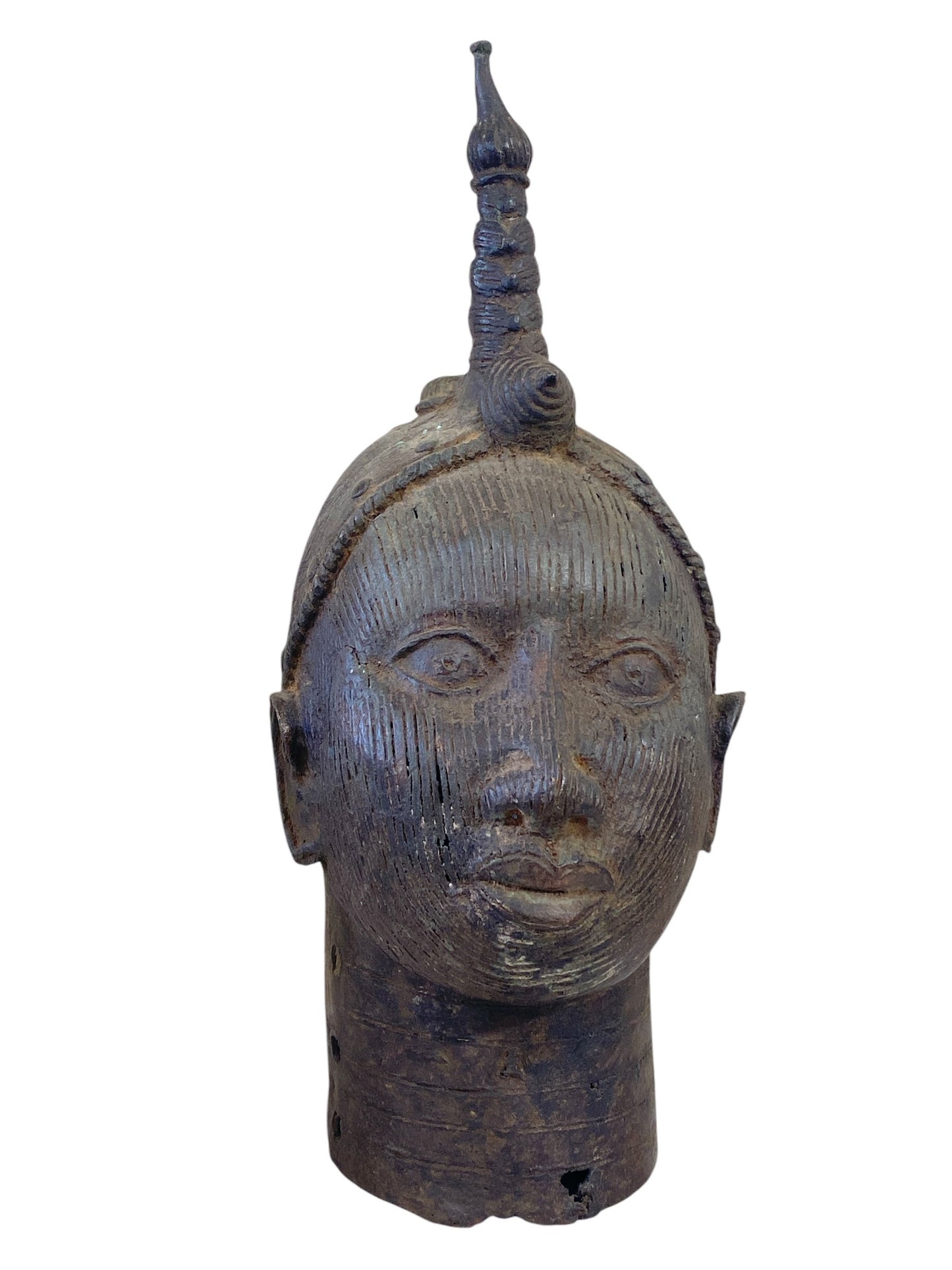 #4183 Superb Old LG  Benin Bronze  Head  of the Queen Mother Iyobas Nigeria African 17" H