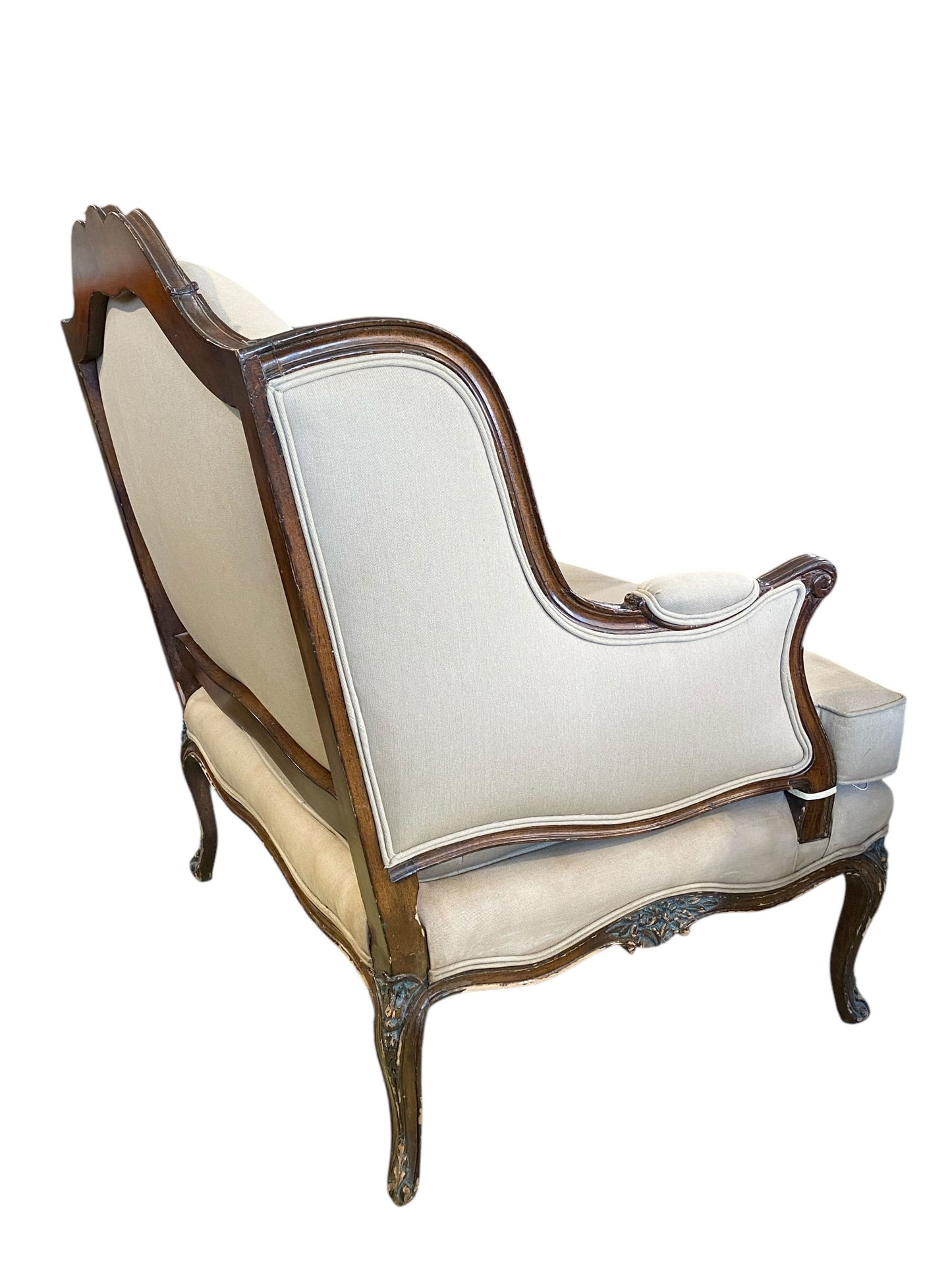 #6607 Vintage French Country Louis XV Style Carved Walnut  Bergere Lounge Chair