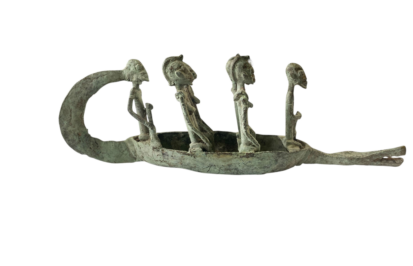 #7220 Large Dogon Bronze Pirogue  Crocodile Boat W/ figures , Mali  16" W