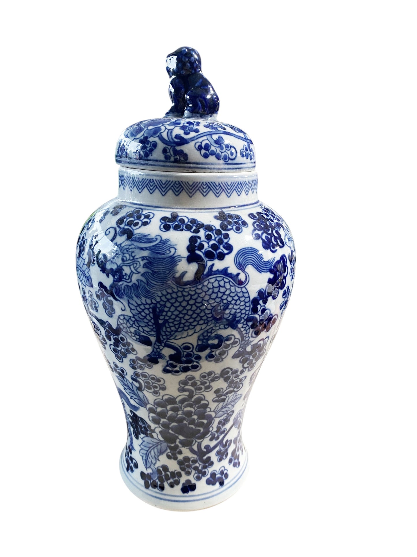 #6476 Chinoiserie Blue and White Porcelain Covered Jar 13" H