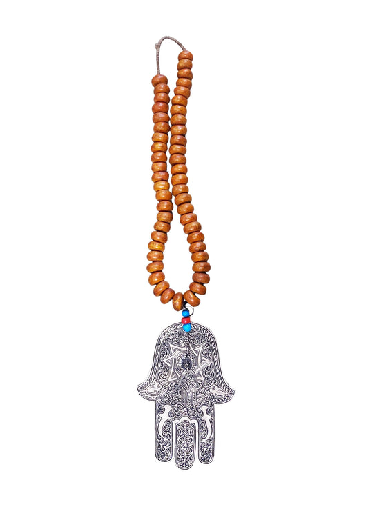 #4557 Vintage Amber necklace W / Moroccan Silver Hamsa / Hand Of Fatima 30.5" H