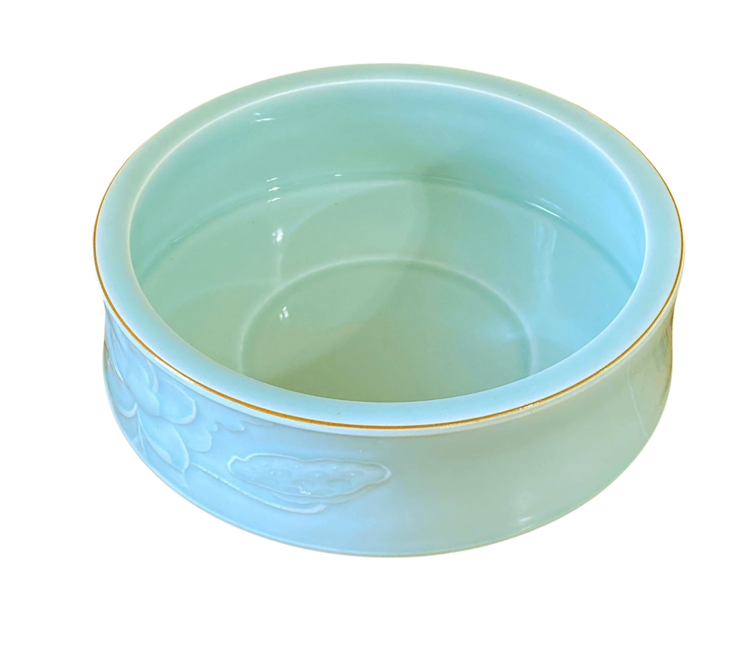 #135 Chinoiserie Hand Carved Celadon Bowl with Lotus Flower 10.25" D