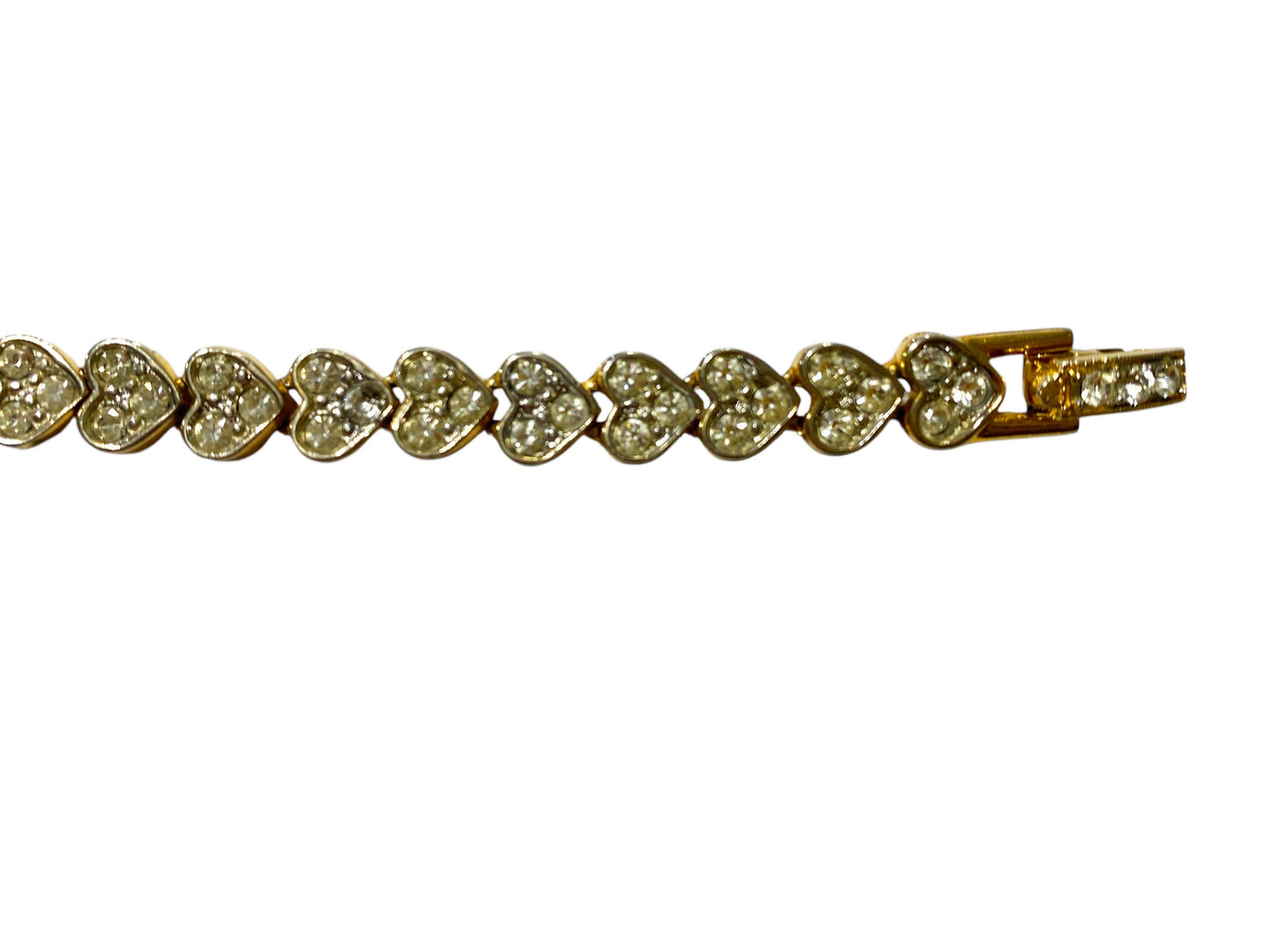 #68 Vintage  Faux Gold Tone  Pave Rhinestone Heart Tennis Bracelet