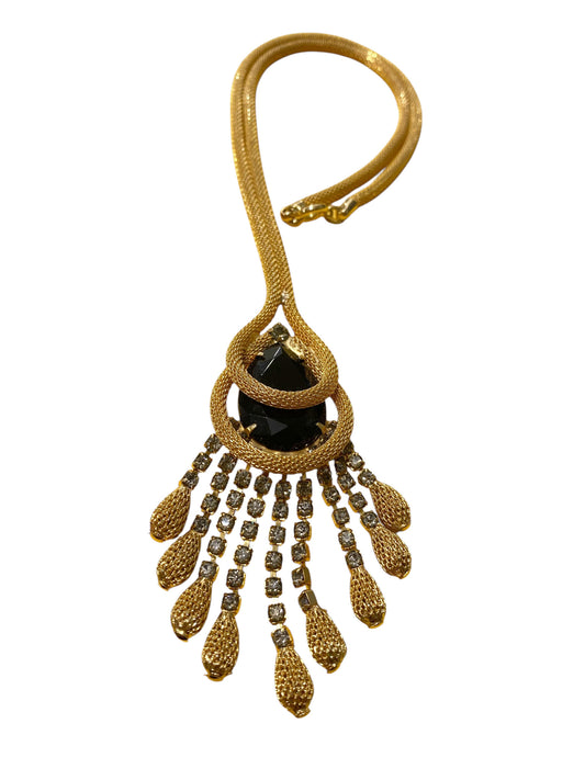 #14 Vintage Gold-tone Mesh Chain W/Black Faceted Pendant Stone  Necklace