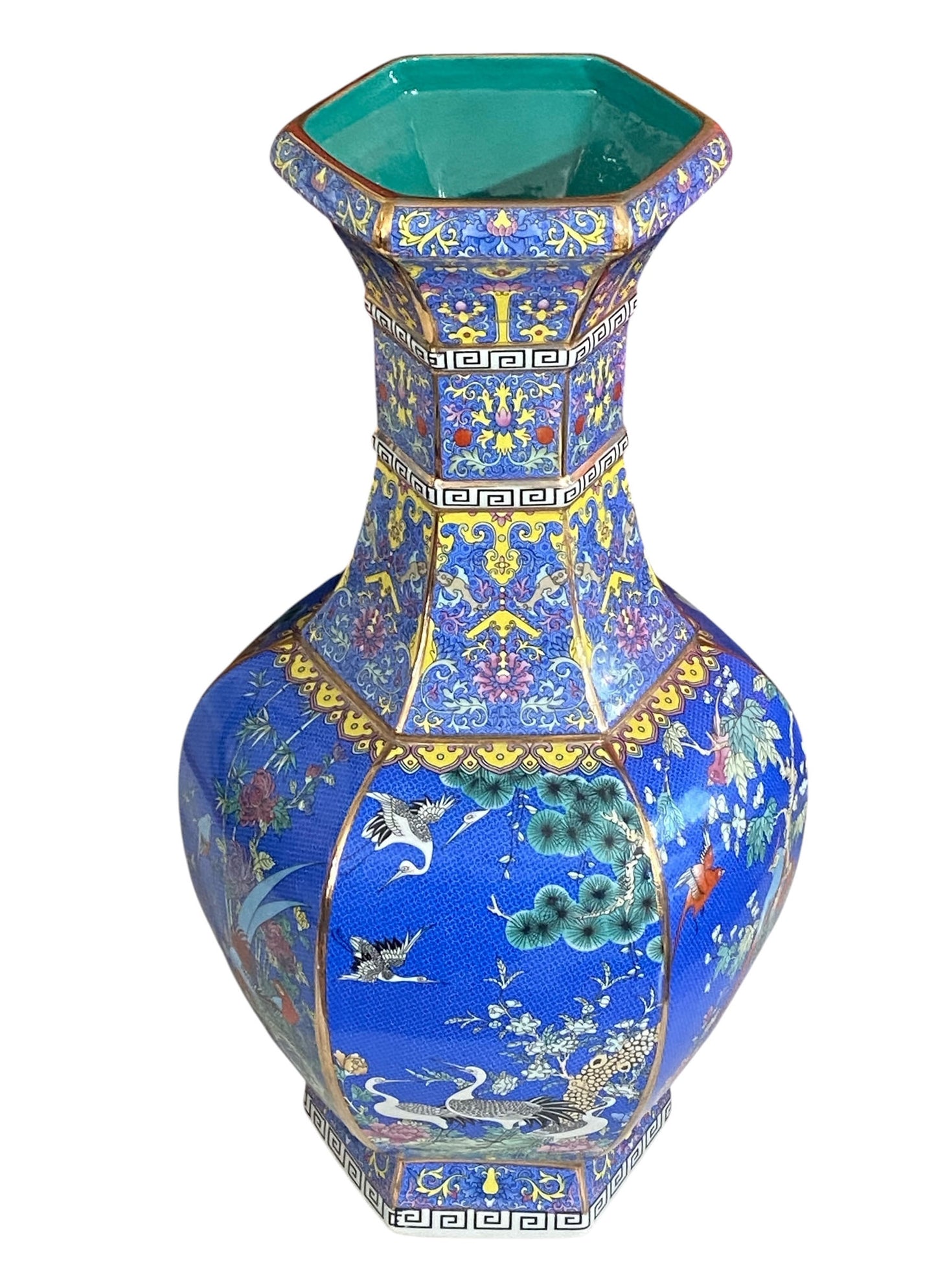 #3684 Chinoiserie Famille Rose Style  Hexagonal Shaped Vase 20.5" H