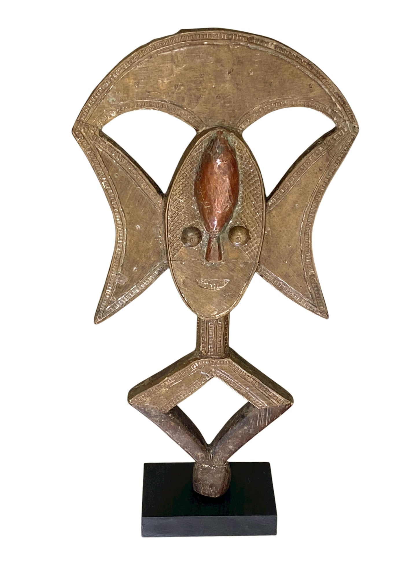 #1173 VTG Bakota Brass and wood  Sculpture w/Stand 24.5" H