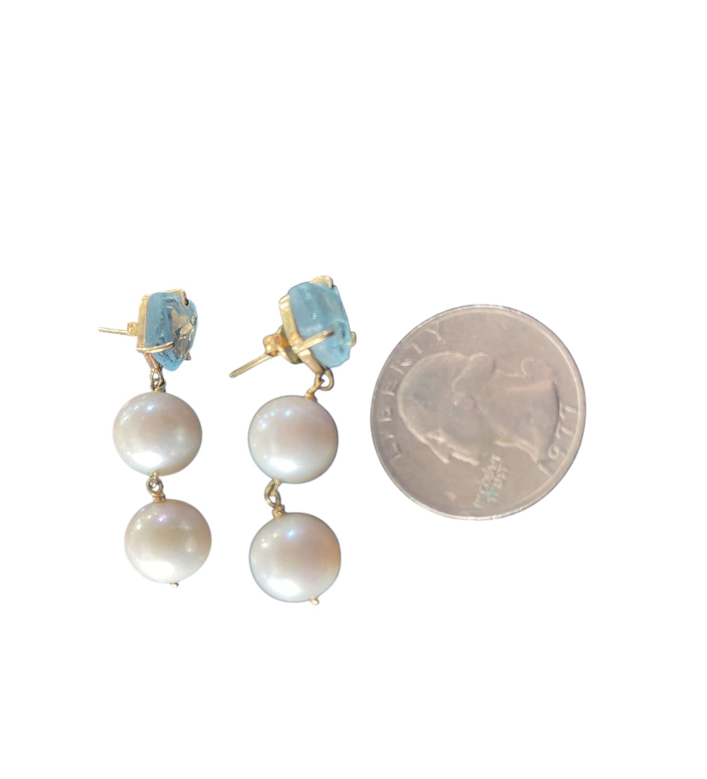 #127 Cultured Freshwater Pearl 10 mm Earrings with Blue Aqua Marine 18K Yellow Gold