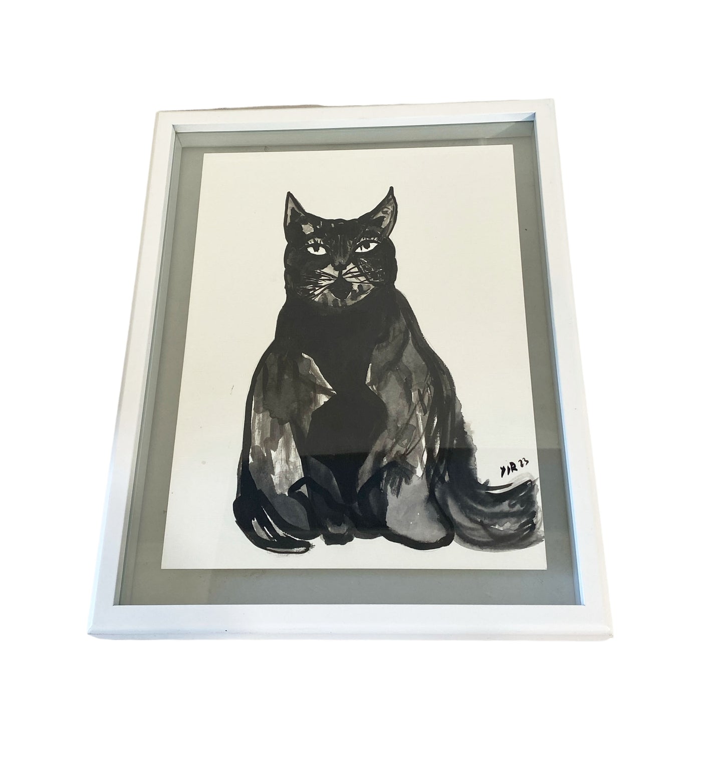 #7161. YJR Black Ink on Paper Painting Of A Cat "Minou", Framed 15" H