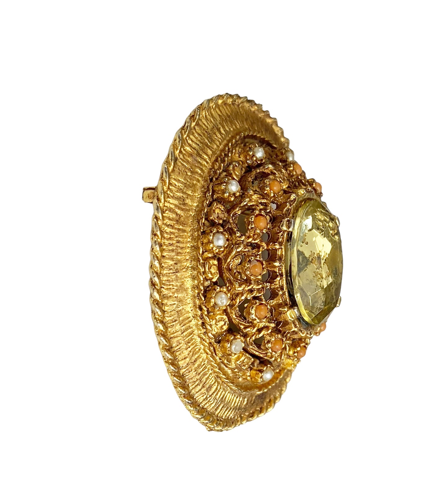 #7184 Vintage Brooch Gold Tone Topaz Rhinestones and  Pearls 2.25" H