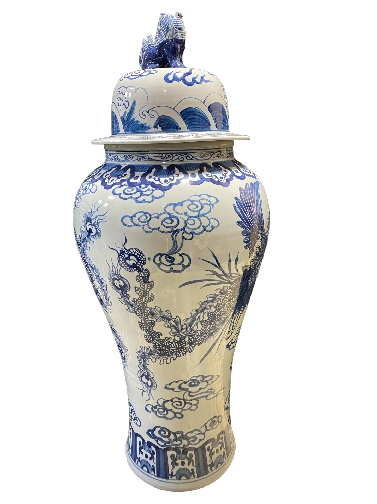 #7205  Mansion Size Chinoiserie Ginger Peacocks Jar 44" H