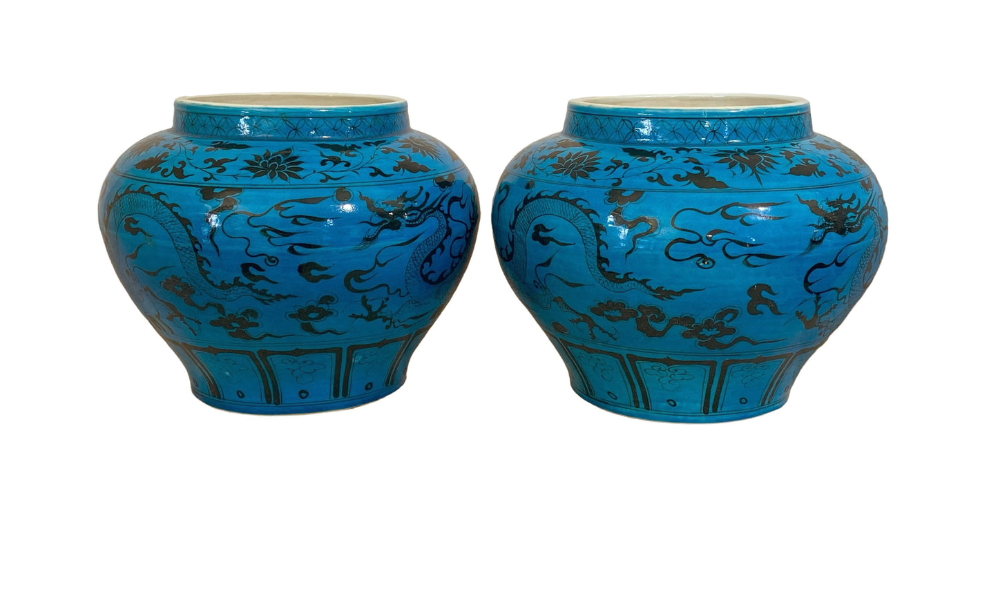 #4819 /6163 Chinese Turquoise Yuan Style  Vases/Cachepots W / Flying Dragons  11" H Set of two