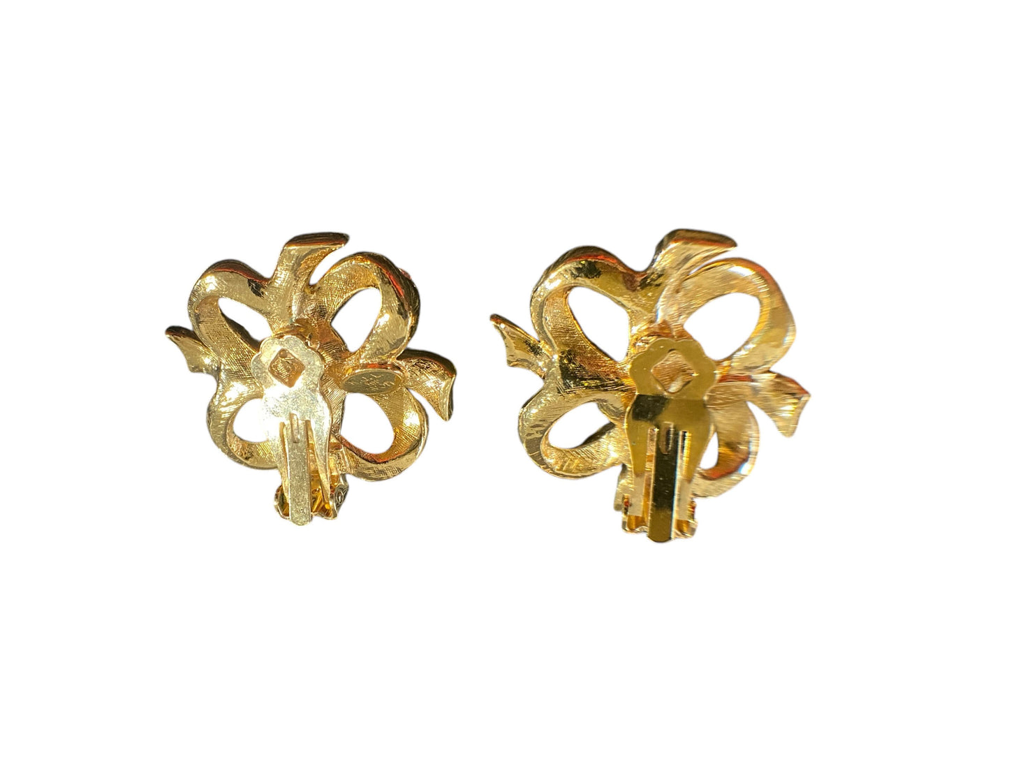 #6205 Vintage KJL Kenneth J Lane for Avon Earrings CLIP Bow Ribbon Crystal Gold Tone