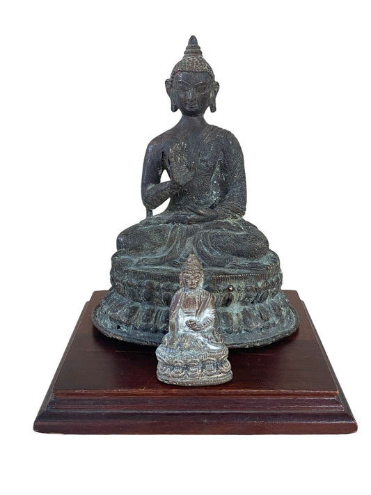 #6212 Set of Two Old Asian Bronze Buddha On Wooden Stand 6" H