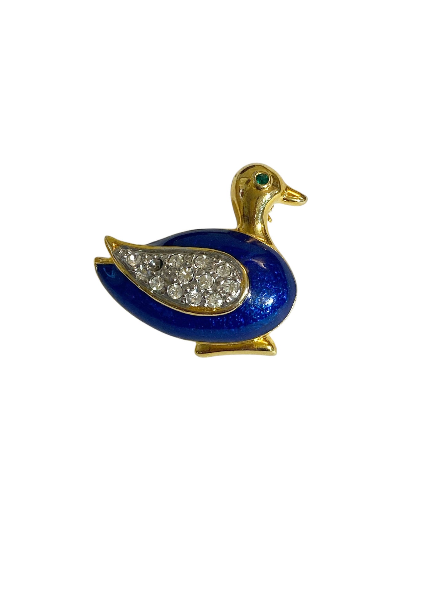 #6310 Vintage Gold Tone Blue enamel Clear Rhinestone Duck Brooch Pin