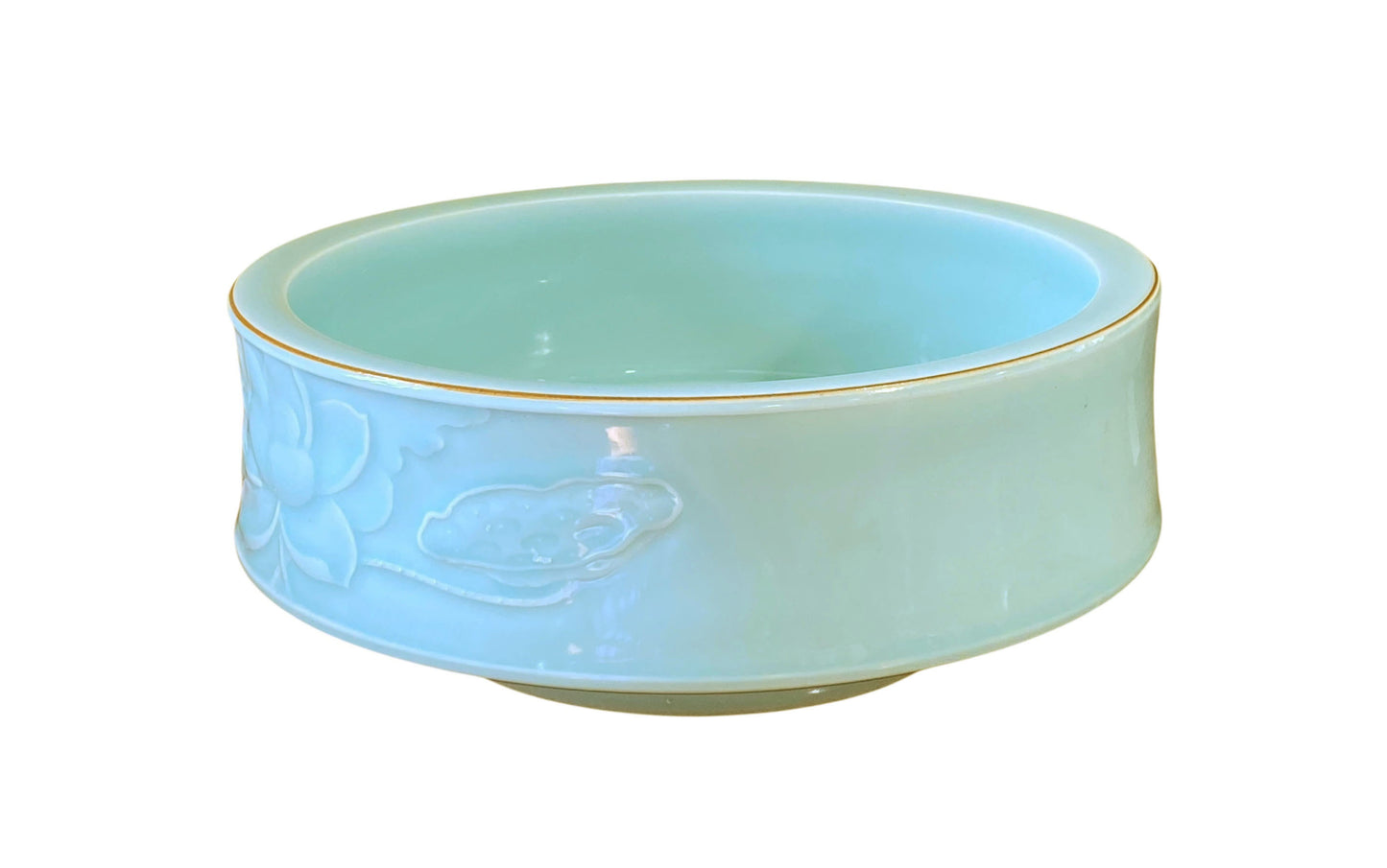 #135 Chinoiserie Hand Carved Celadon Bowl with Lotus Flower 10.25" D