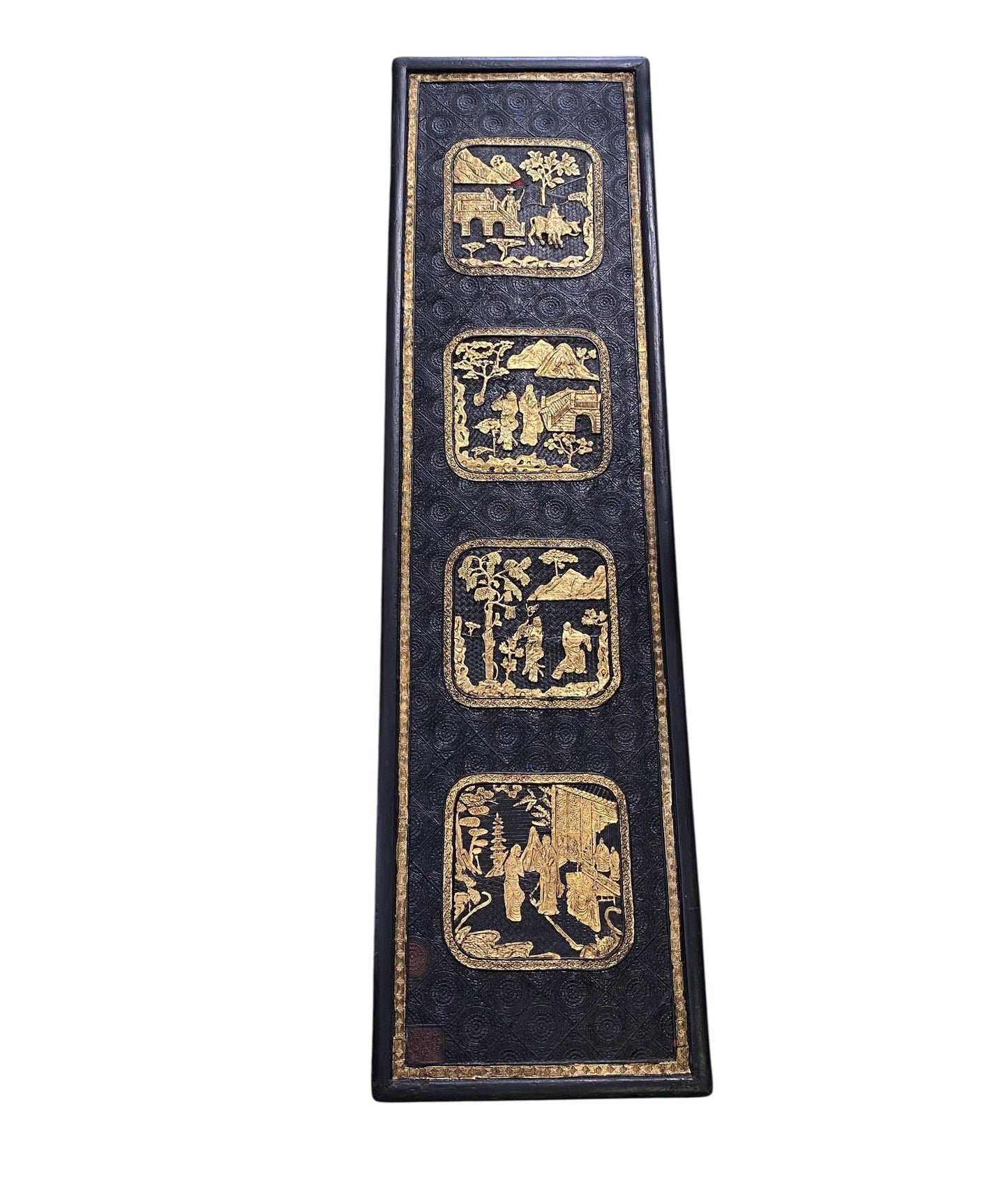 #6854 Antique 19th century Black and Gold Cinnabar Wall Hanging Panel   60" H